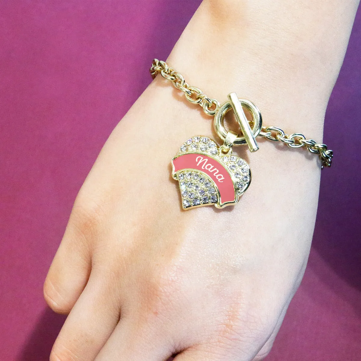 Gold Coral Nana Pave Heart Charm Toggle Bracelet