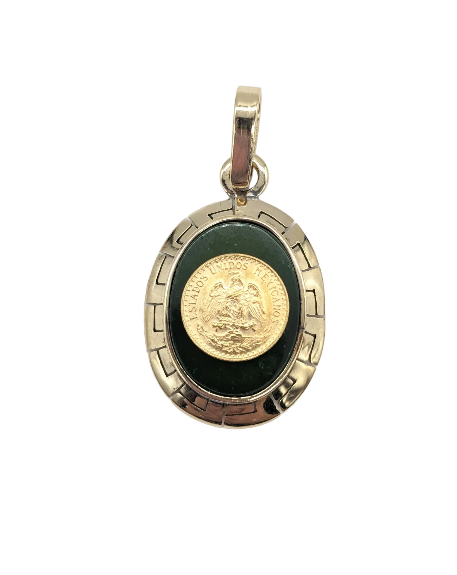 Gold Peso Coin Inlaid on Green Stone Pendant