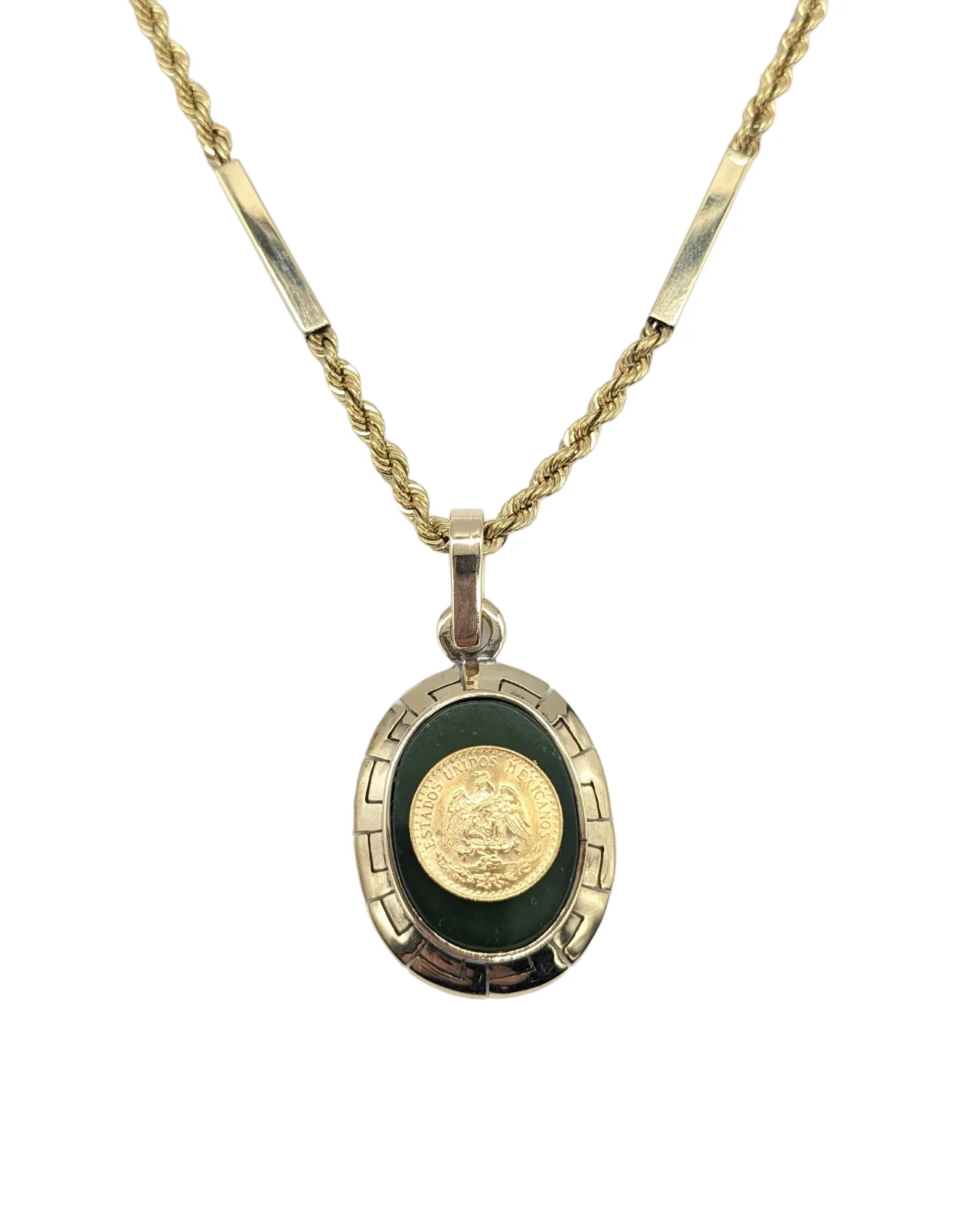Gold Peso Coin Inlaid on Green Stone Pendant