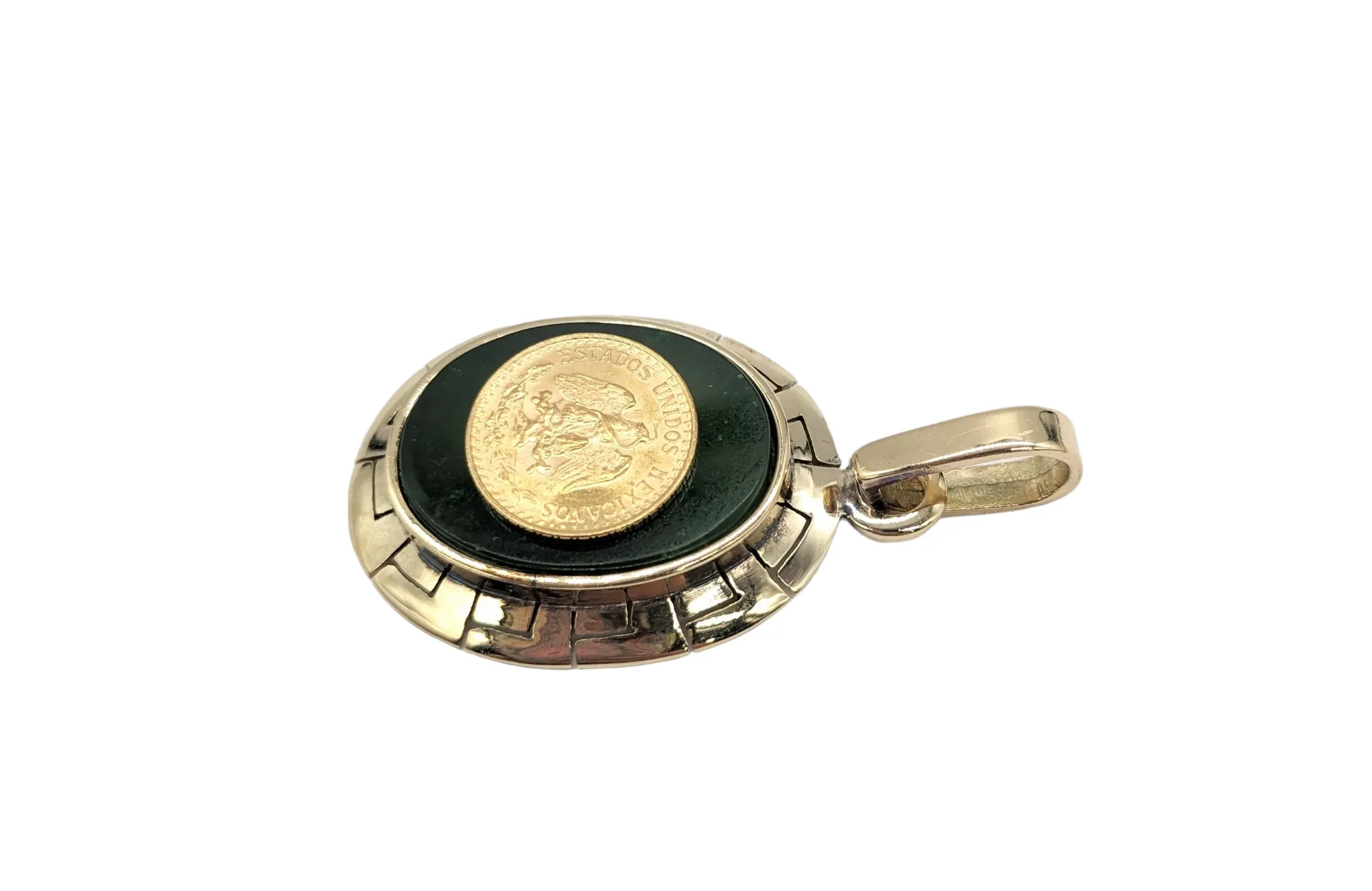 Gold Peso Coin Inlaid on Green Stone Pendant