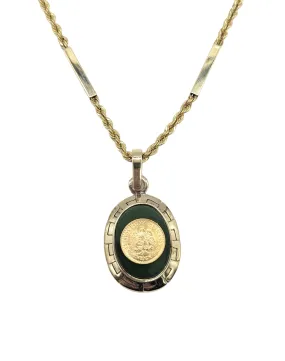 Gold Peso Coin Inlaid on Green Stone Pendant