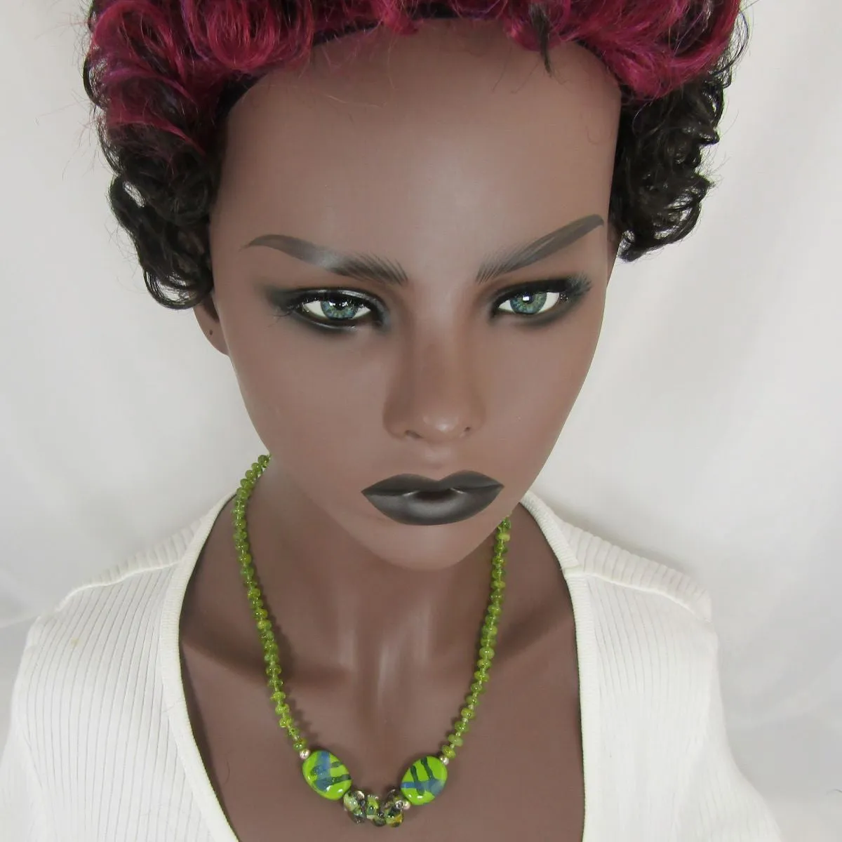 Green Handmade Kazuri and Peridot Beaded Necklace