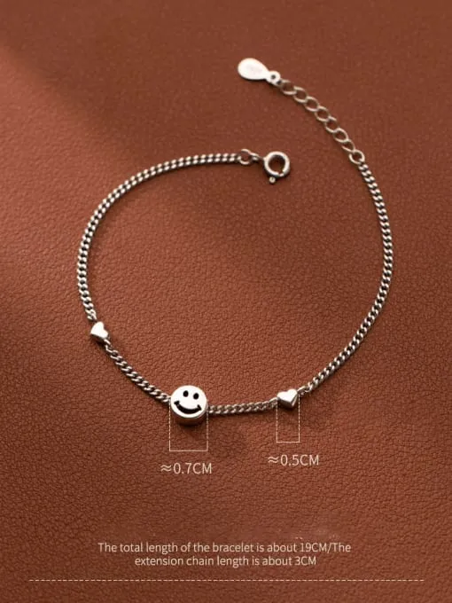 Happy Face Love Bracelet, .925 Sterling Silver Waterproof, Hypoallergenic Unisex Dainty Smiley Bracelet