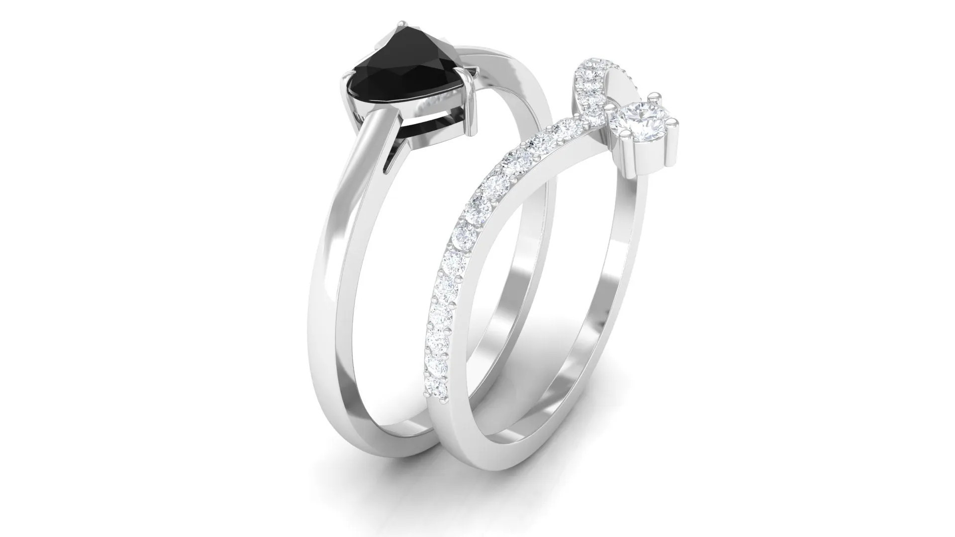 Heart Shape Created Black Diamond Solitaire Ring Set with Diamond