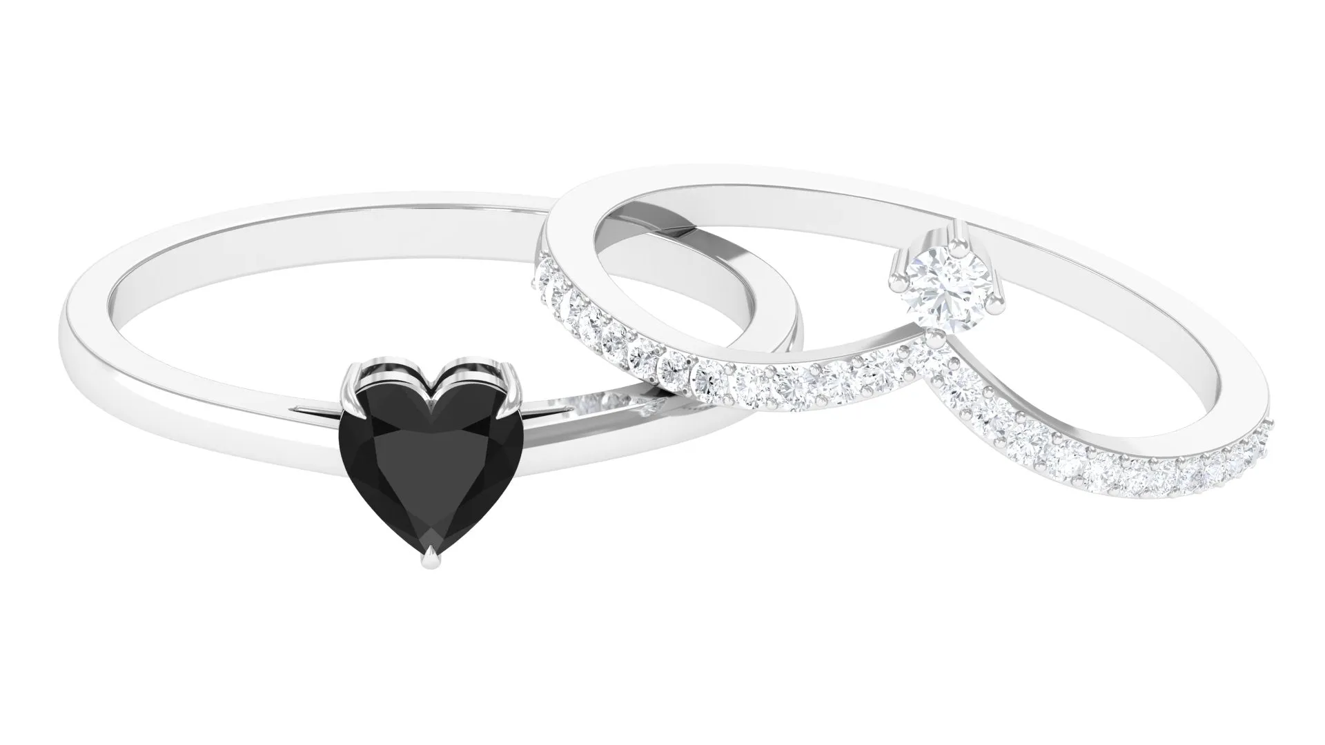 Heart Shape Created Black Diamond Solitaire Ring Set with Diamond