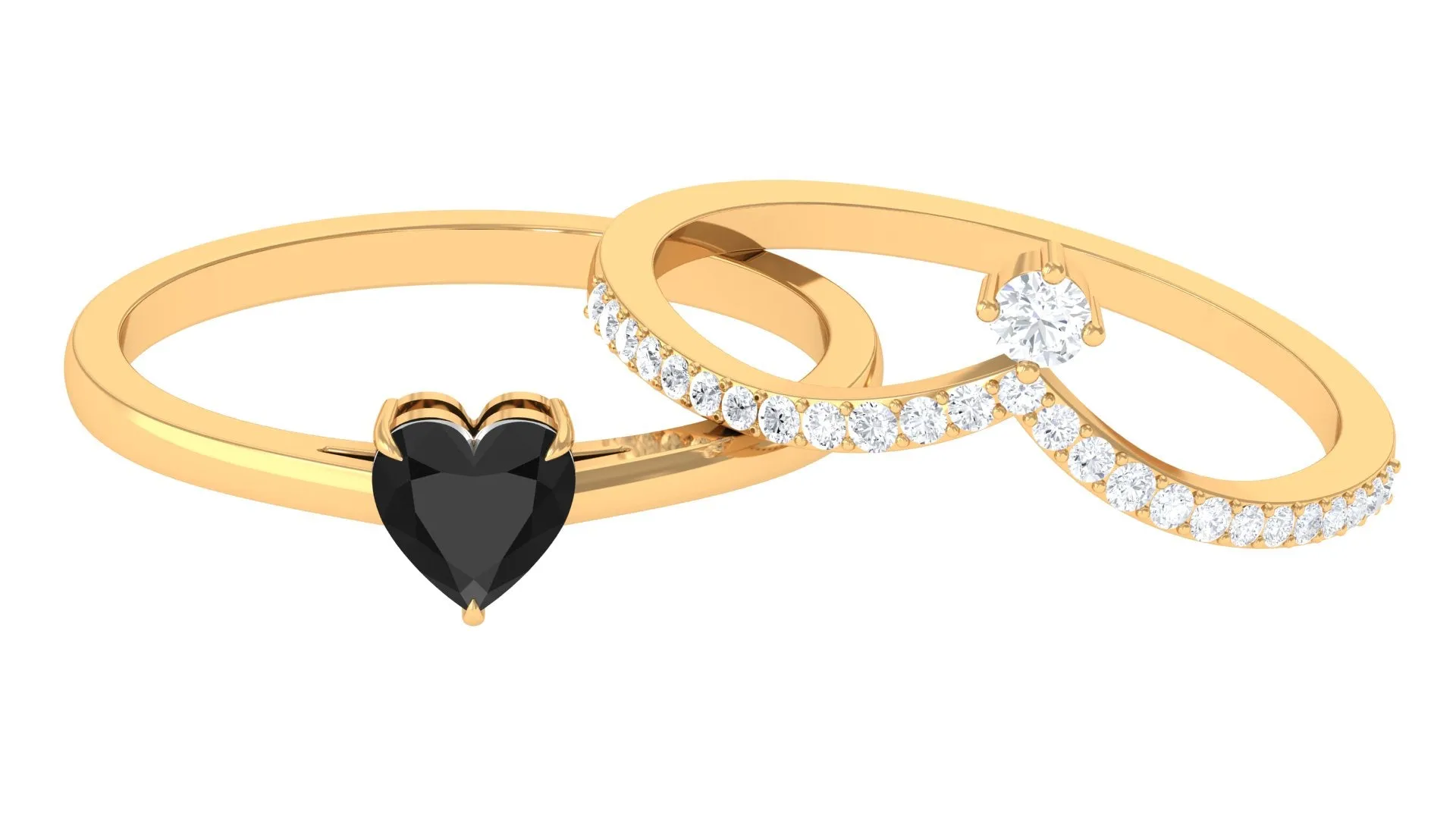 Heart Shape Created Black Diamond Solitaire Ring Set with Diamond