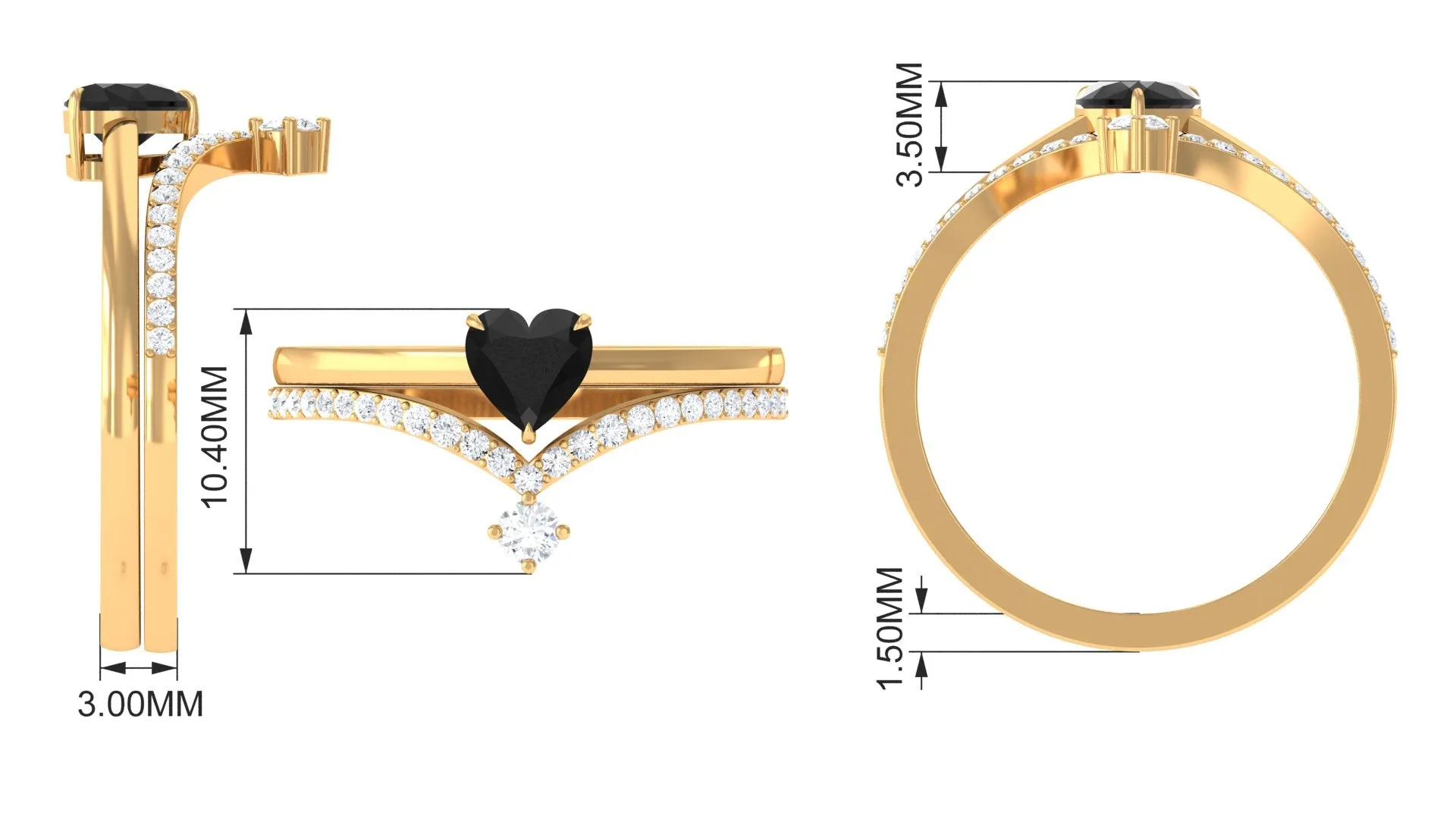 Heart Shape Created Black Diamond Solitaire Ring Set with Diamond