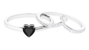 Heart Shape Created Black Diamond Solitaire Ring Set with Diamond