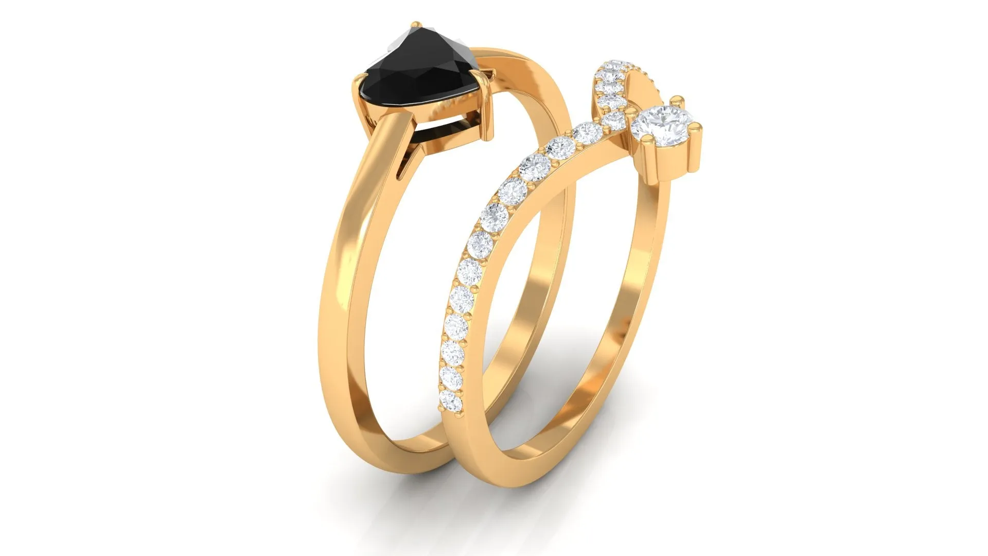 Heart Shape Created Black Diamond Solitaire Ring Set with Diamond