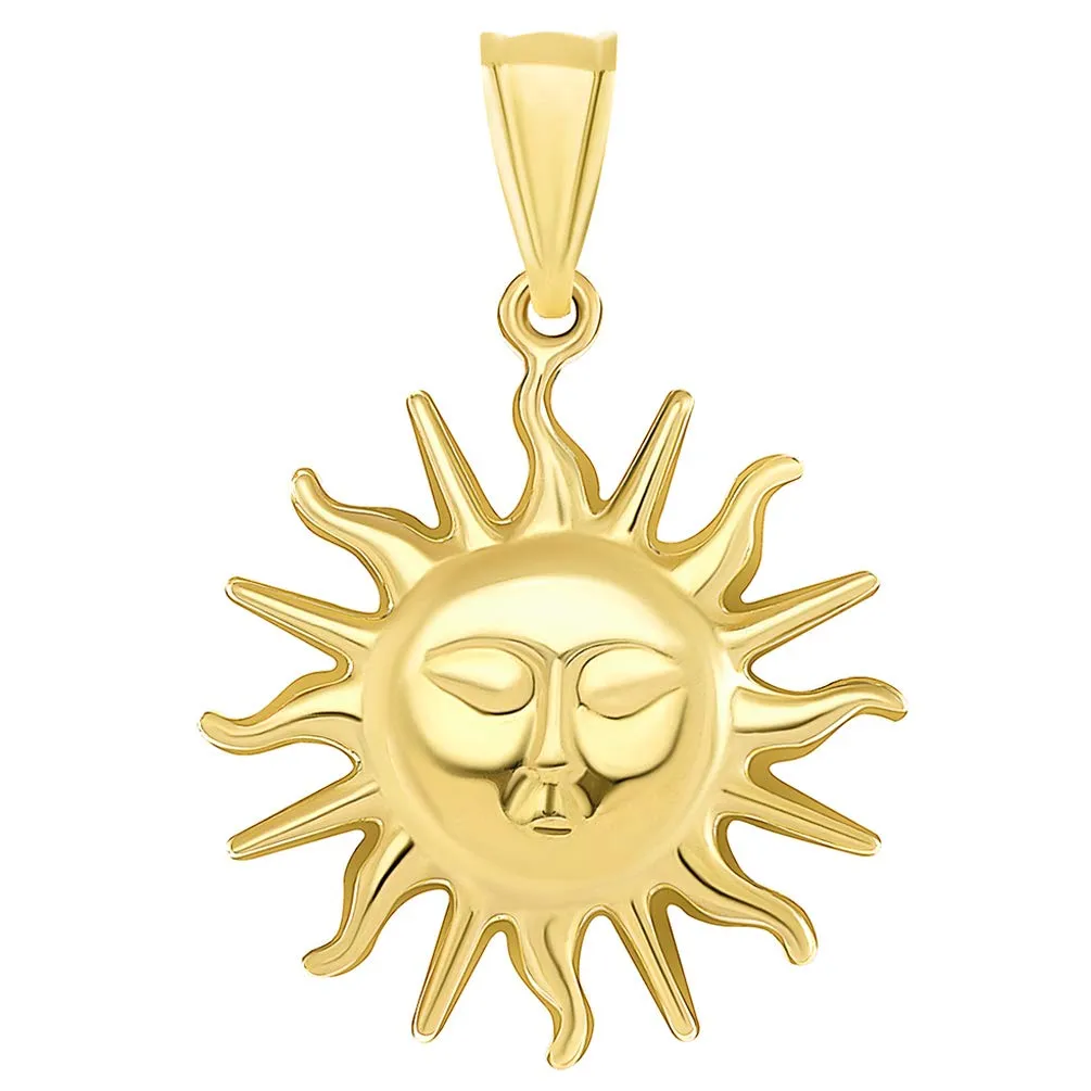 High Polish 14k Yellow Gold 2D Sixteen Rays Sun Face Pendant Necklace