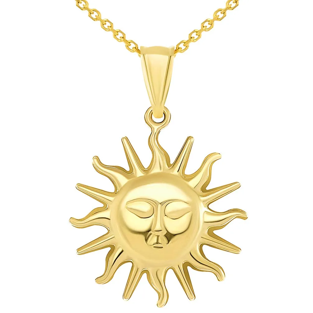 High Polish 14k Yellow Gold 2D Sixteen Rays Sun Face Pendant Necklace