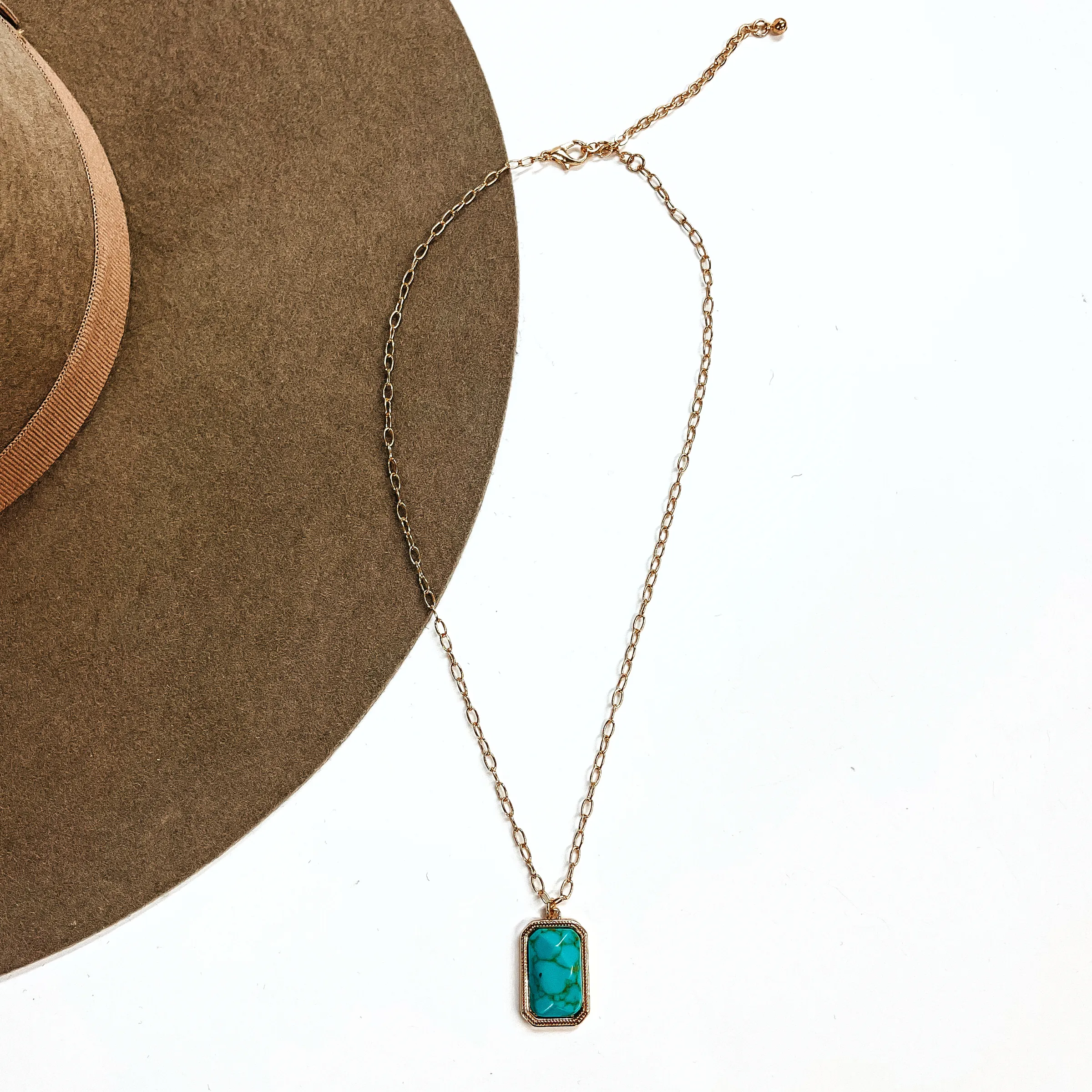 Highlight The Good Gold Tone Chain Necklace with Rectangle Pendant in Turquoise