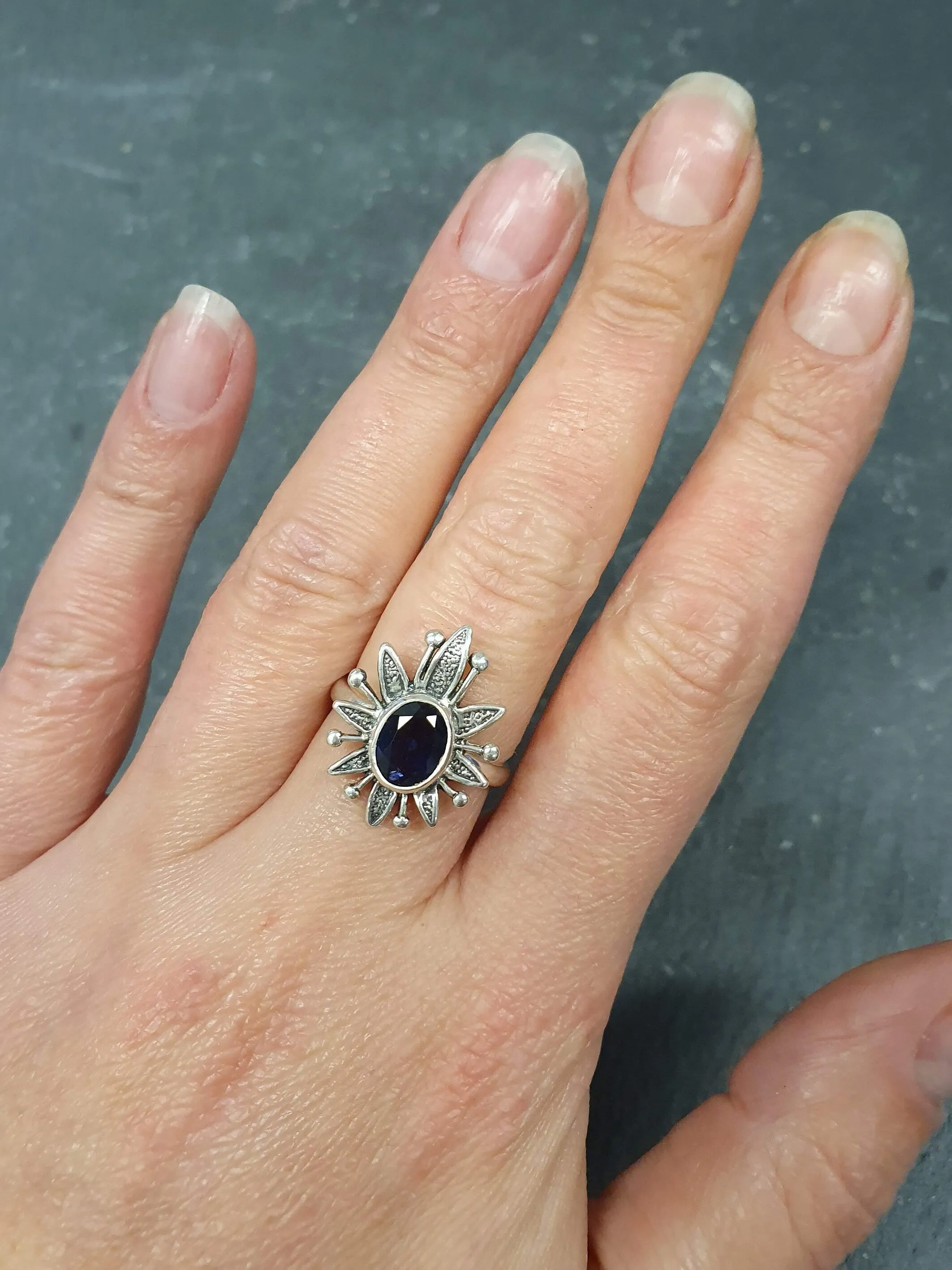 Iolite Ring - Statement Flower Ring - Natural Iolite Ring