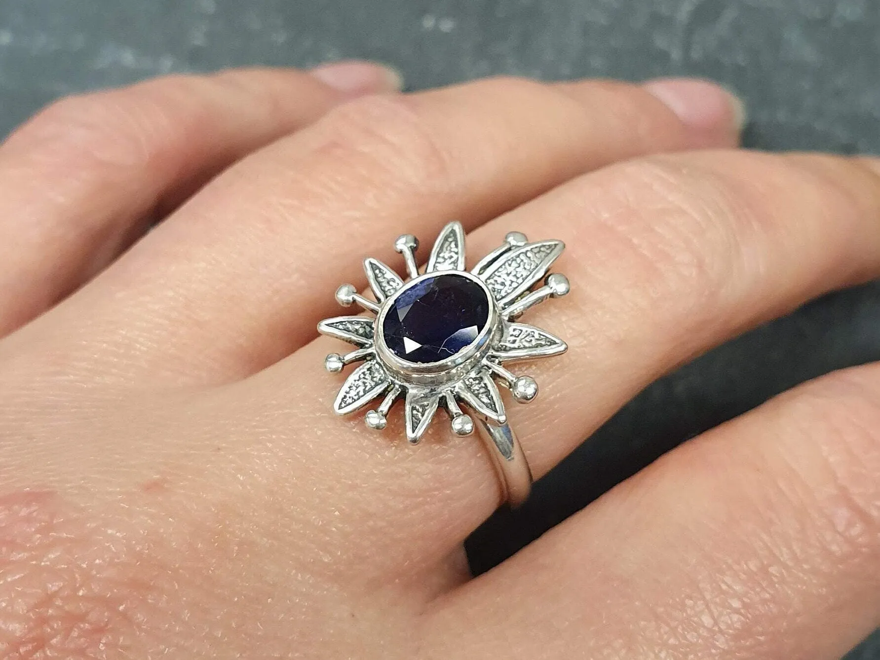 Iolite Ring - Statement Flower Ring - Natural Iolite Ring