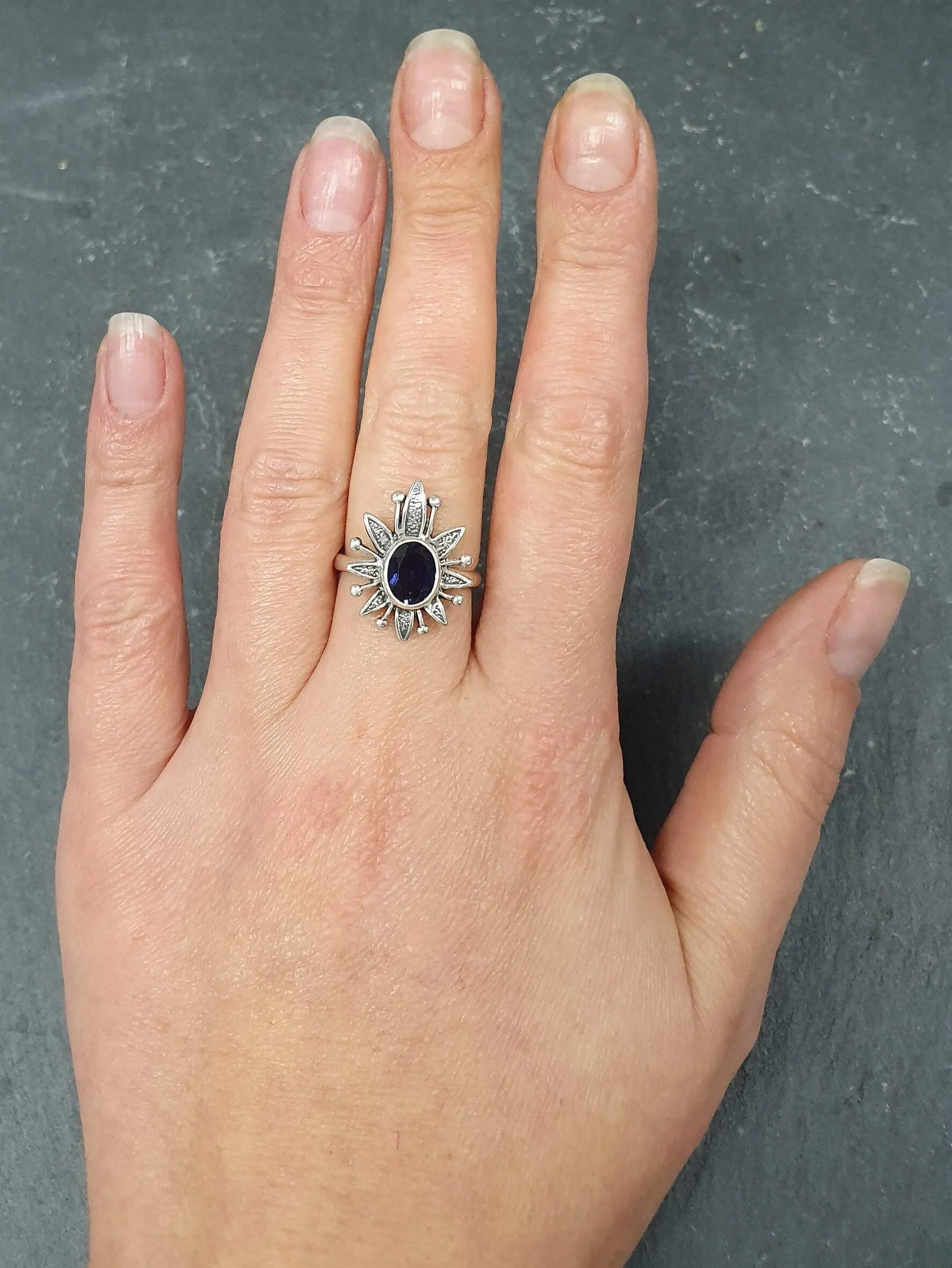 Iolite Ring - Statement Flower Ring - Natural Iolite Ring