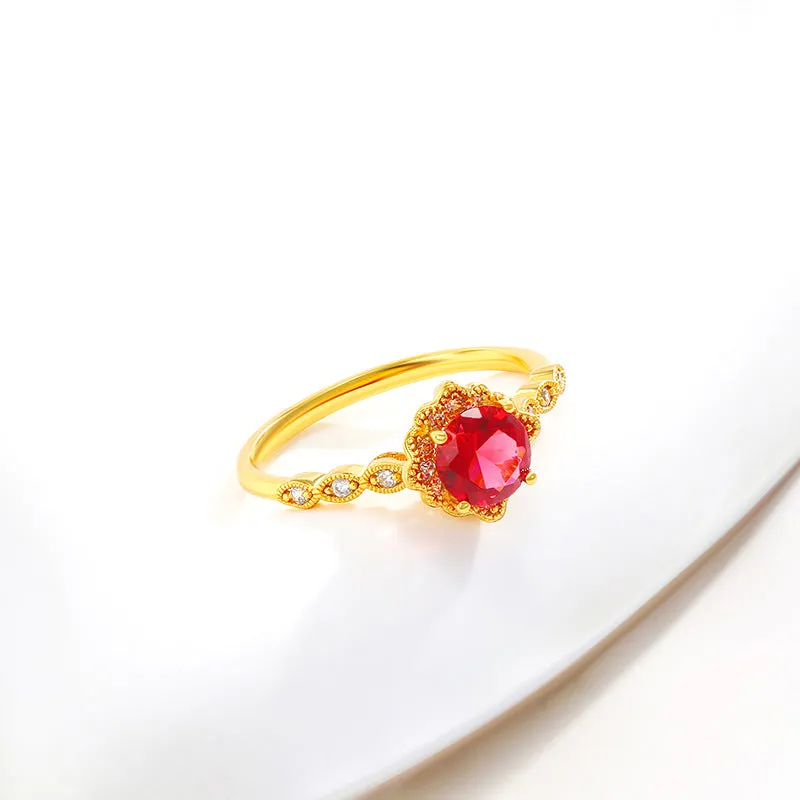 Jewelry cross-border French retro light luxury niche design pomegranate red four-claw artificial gemstone ring