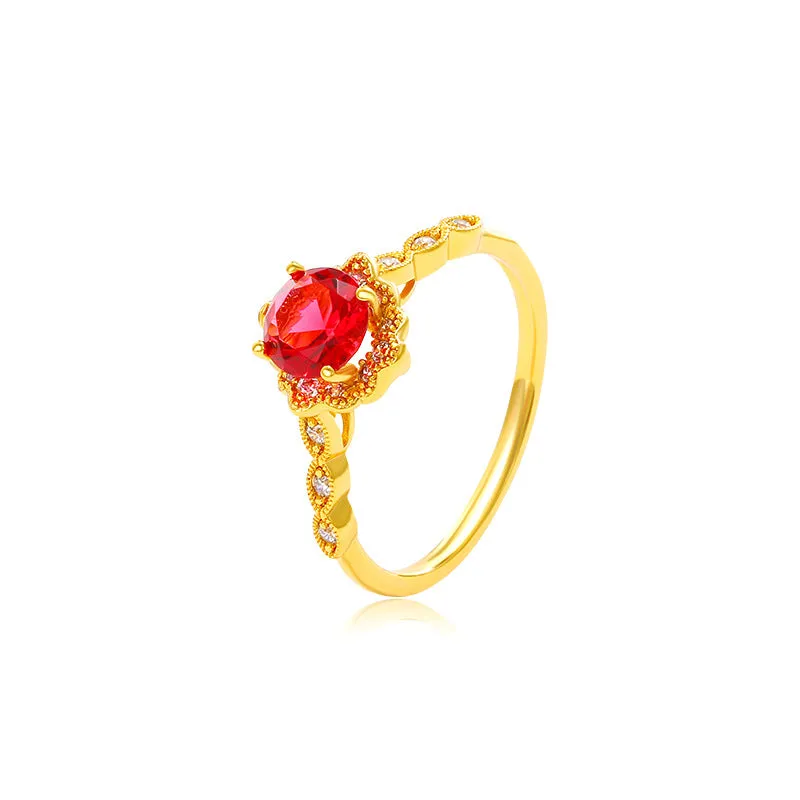 Jewelry cross-border French retro light luxury niche design pomegranate red four-claw artificial gemstone ring