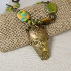 Kazuri Bead and Large Brass  Pendant Necklace