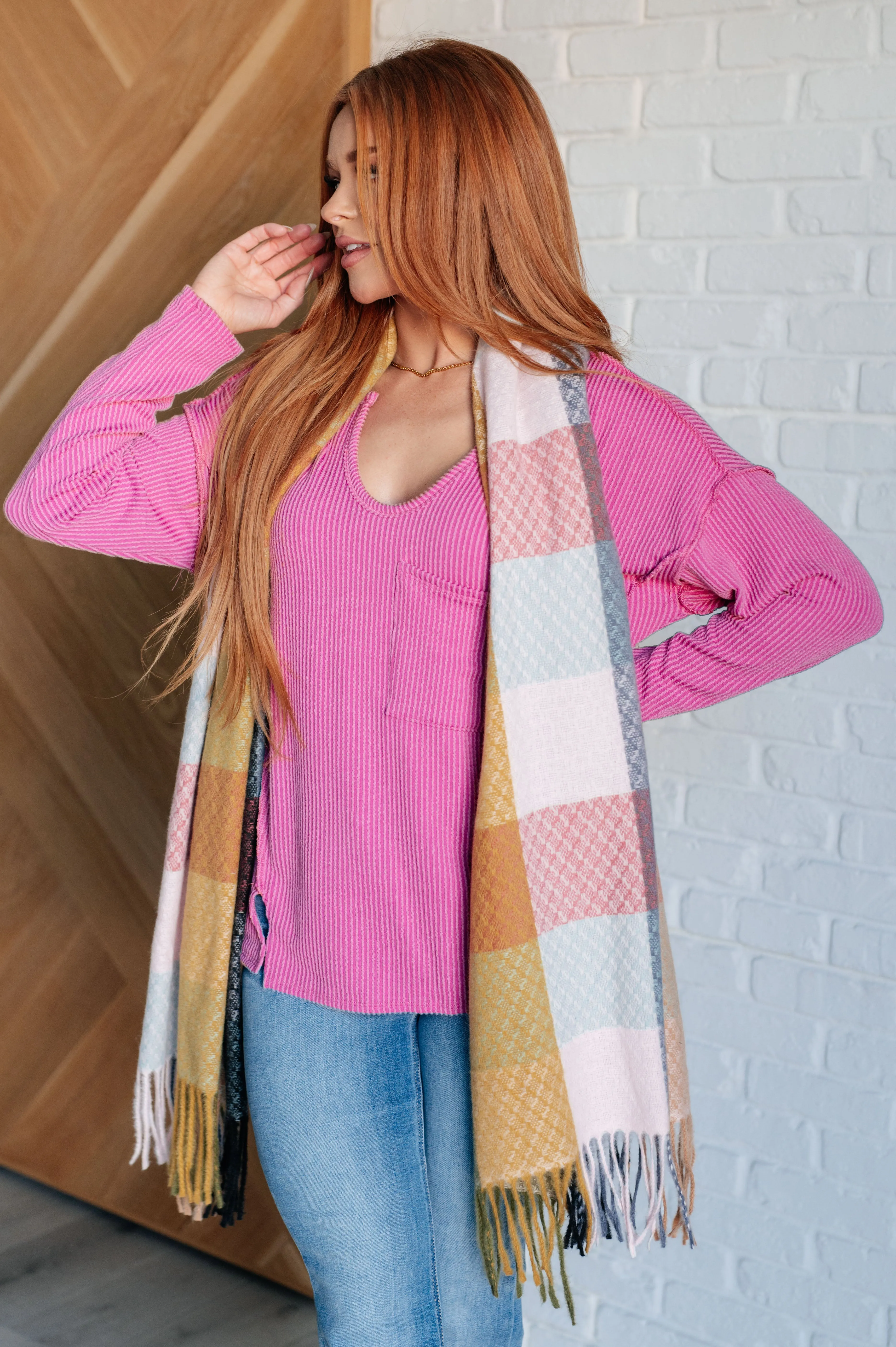 Keep Me Cozy Checkered Fringe Scarf in Pine and Petals (Online Exclusive)