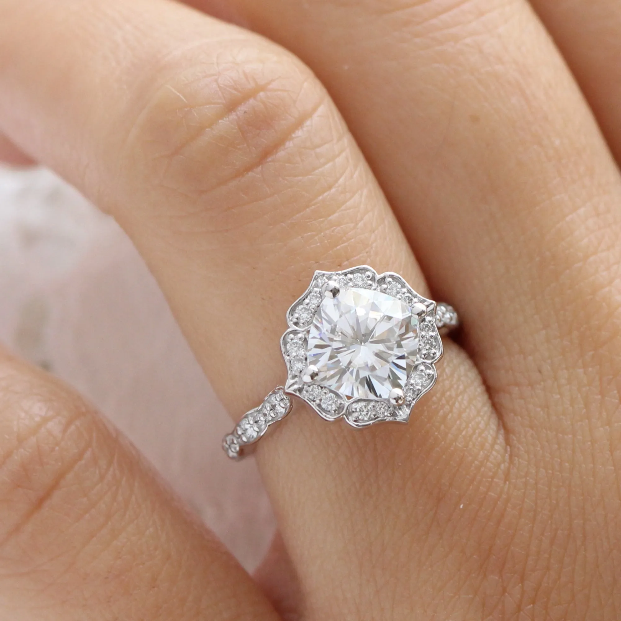 Large Cushion Moissanite Ring in 14k White Gold Vintage Floral Diamond, Size 6.25