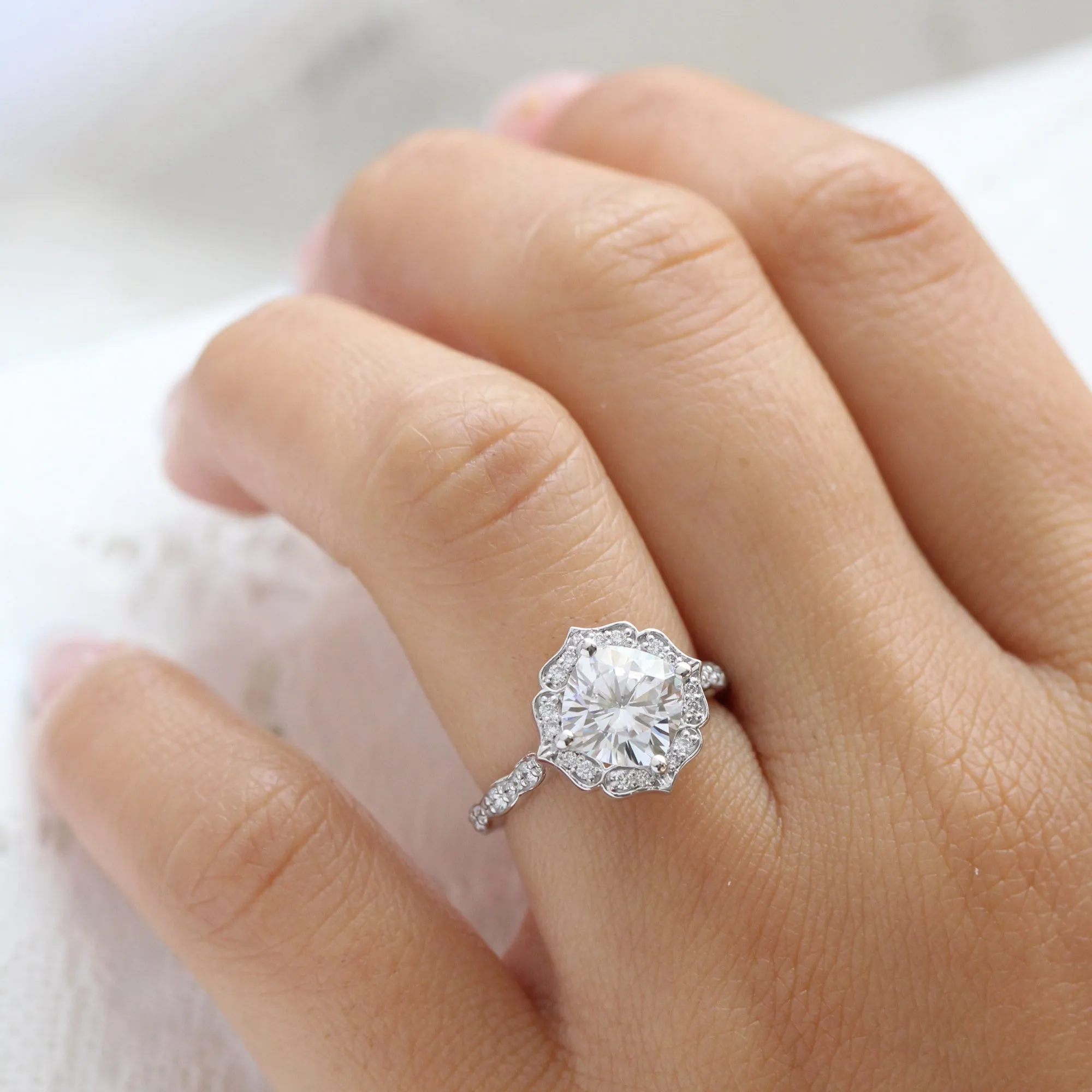 Large Cushion Moissanite Ring in 14k White Gold Vintage Floral Diamond, Size 6.25