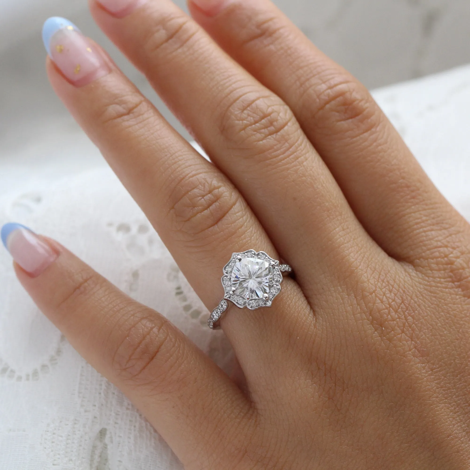 Large Cushion Moissanite Ring in 14k White Gold Vintage Floral Diamond, Size 6.25