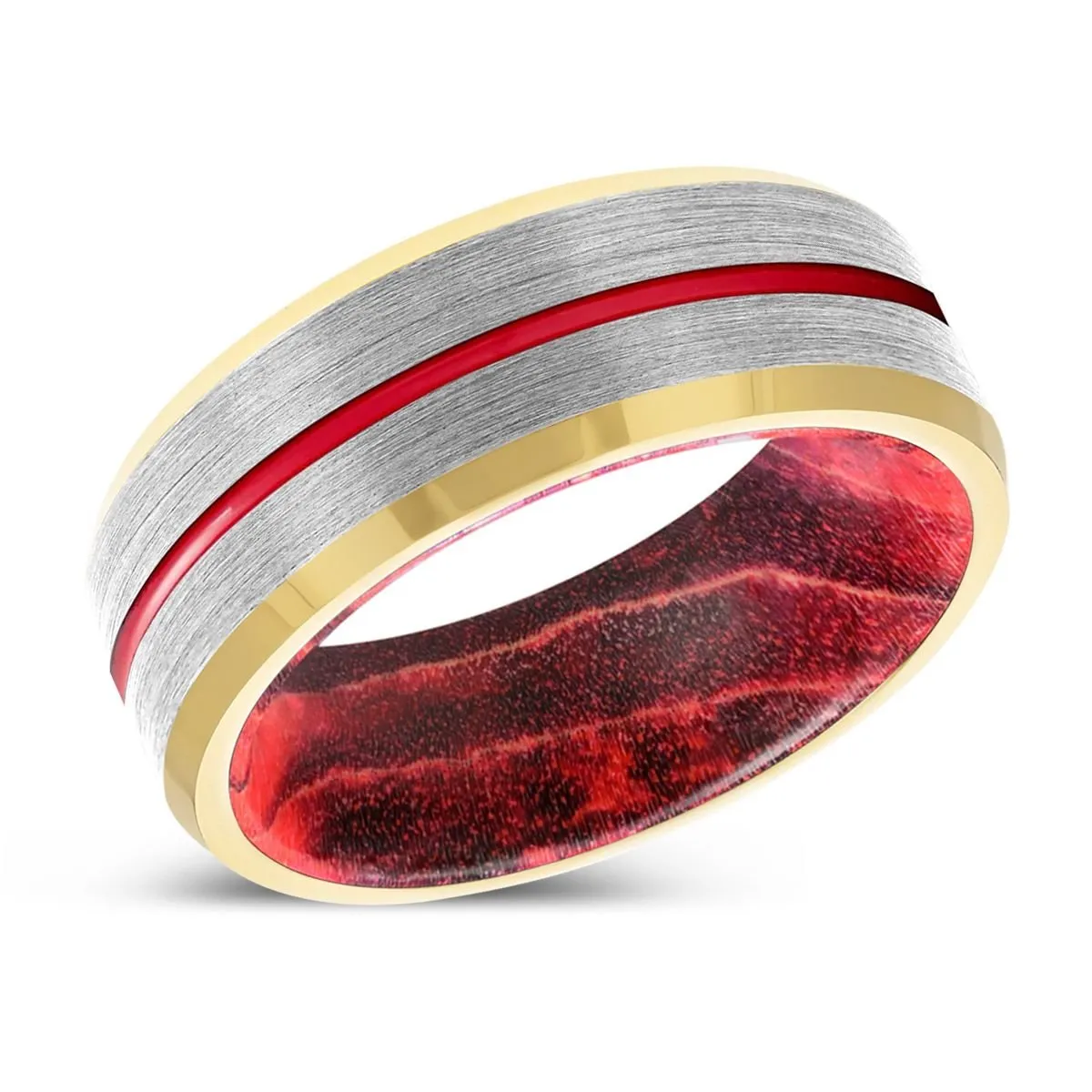 LUMBER | Black & Red Wood, Silver Tungsten Ring, Red Groove, Gold Beveled Edge