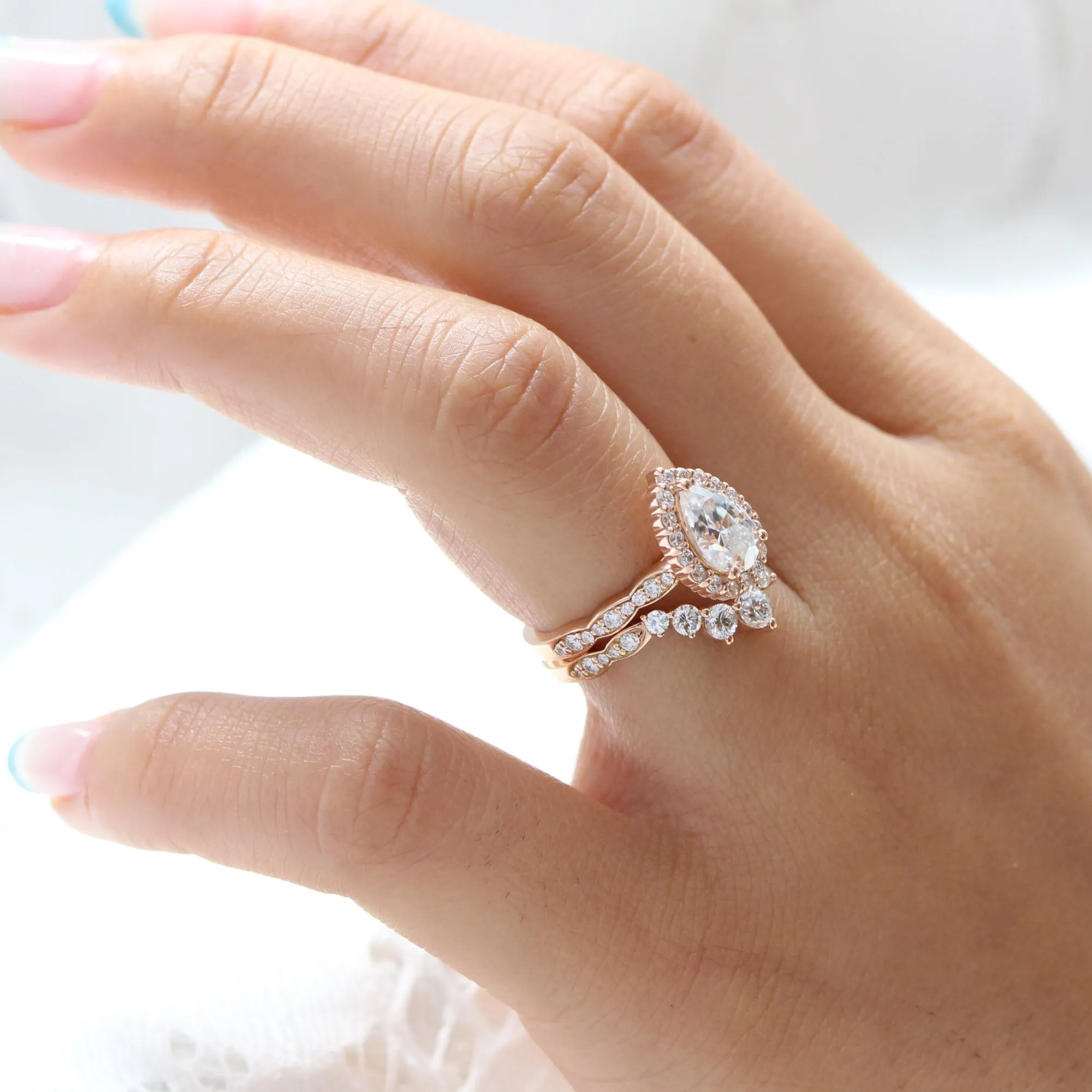Luna Halo Pear Ring Bridal Set w/ Moissanite and Large 7 Diamond Scalloped Band
