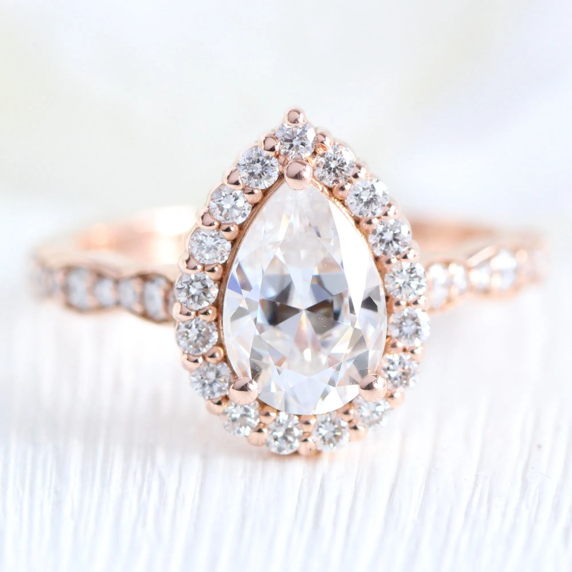 Luna Halo Pear Ring Bridal Set w/ Moissanite and Large 7 Diamond Scalloped Band