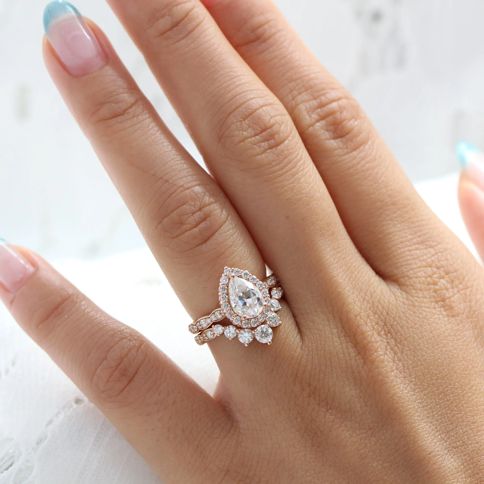Luna Halo Pear Ring Bridal Set w/ Moissanite and Large 7 Diamond Scalloped Band