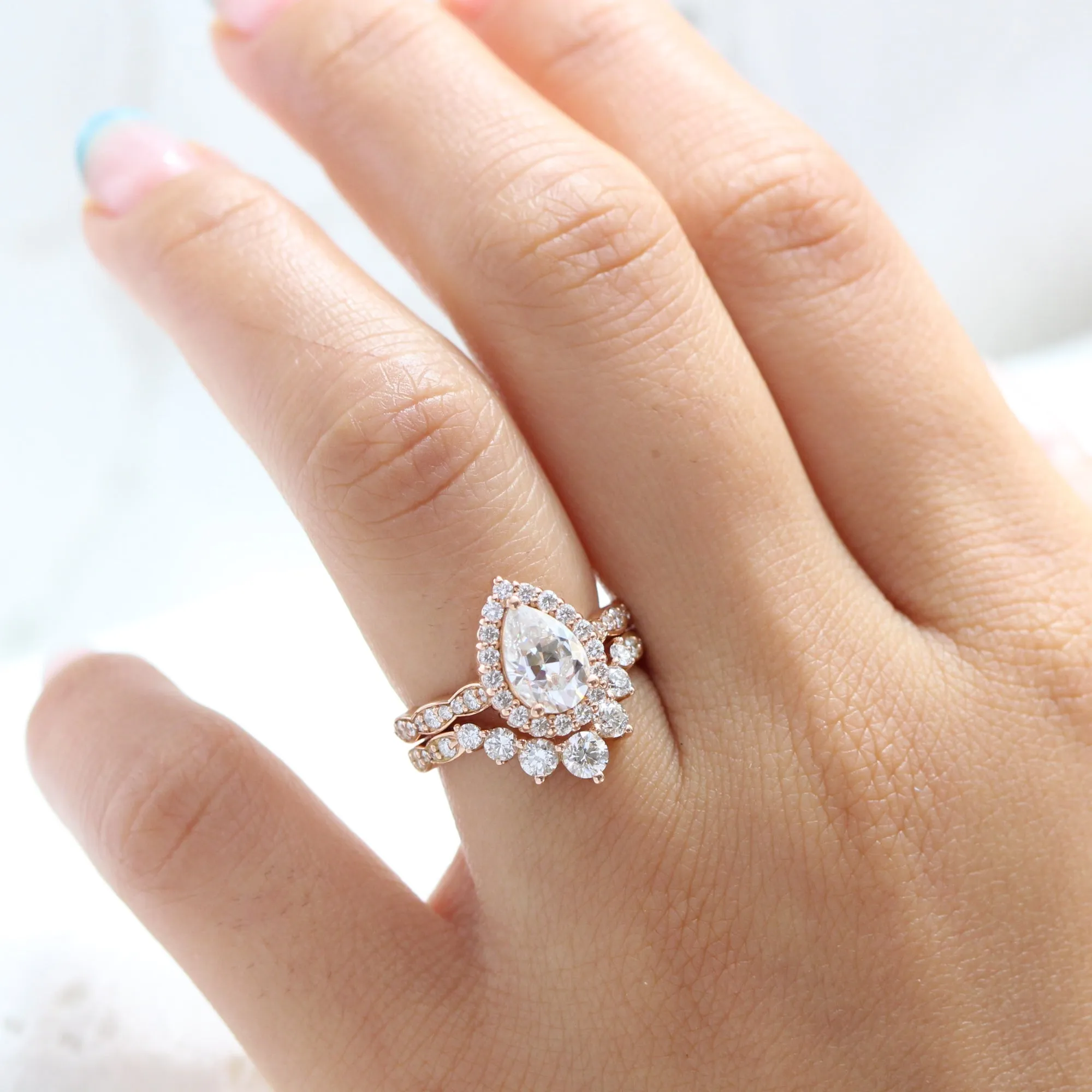 Luna Halo Pear Ring Bridal Set w/ Moissanite and Large 7 Diamond Scalloped Band