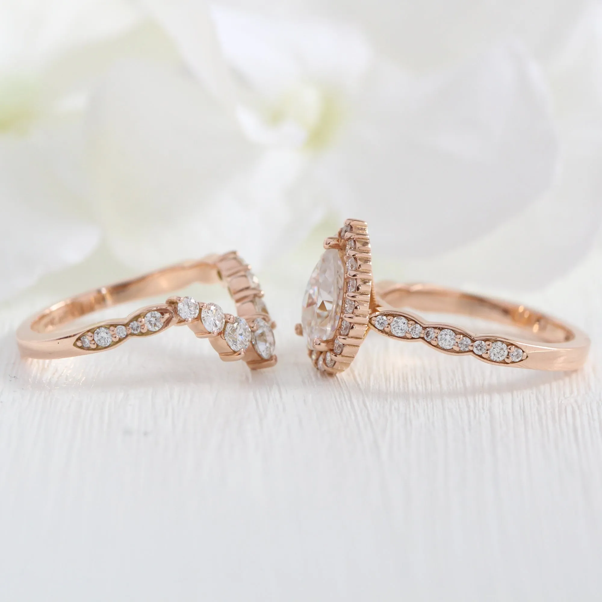 Luna Halo Pear Ring Bridal Set w/ Moissanite and Large 7 Diamond Scalloped Band