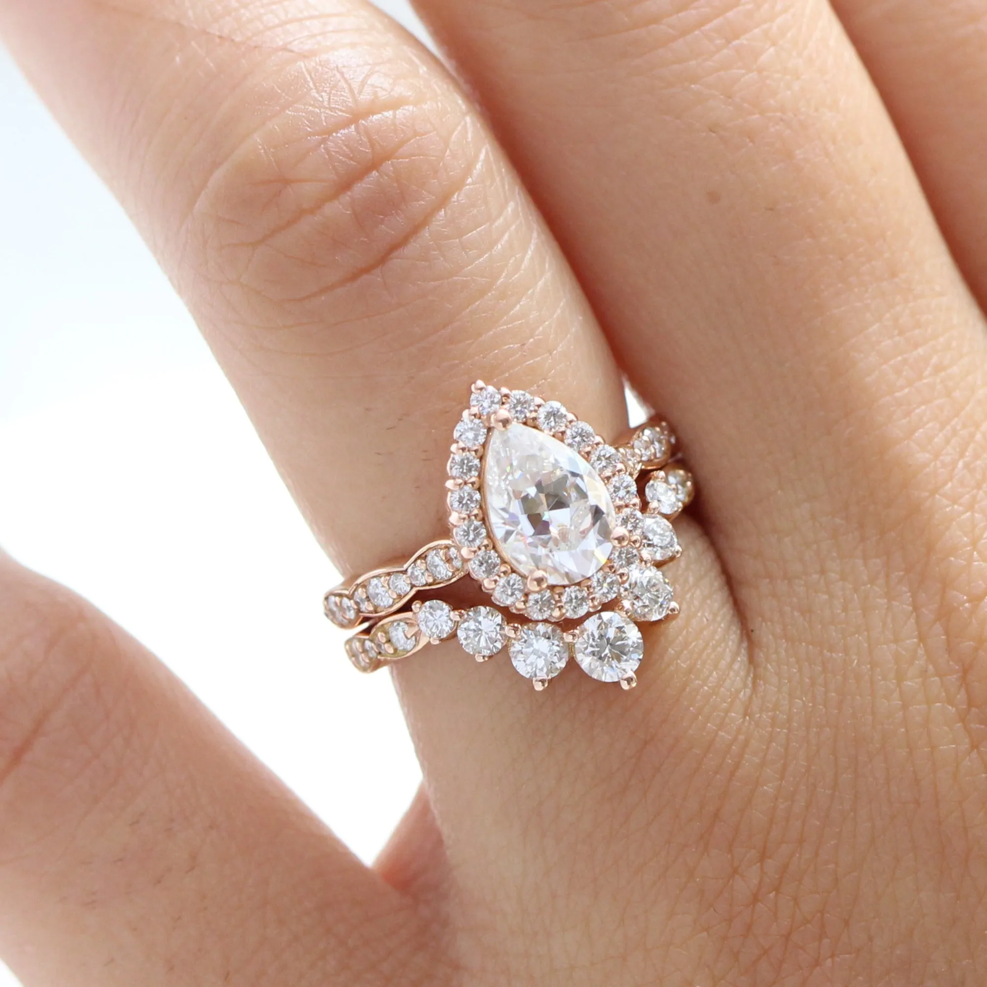 Luna Halo Pear Ring Bridal Set w/ Moissanite and Large 7 Diamond Scalloped Band