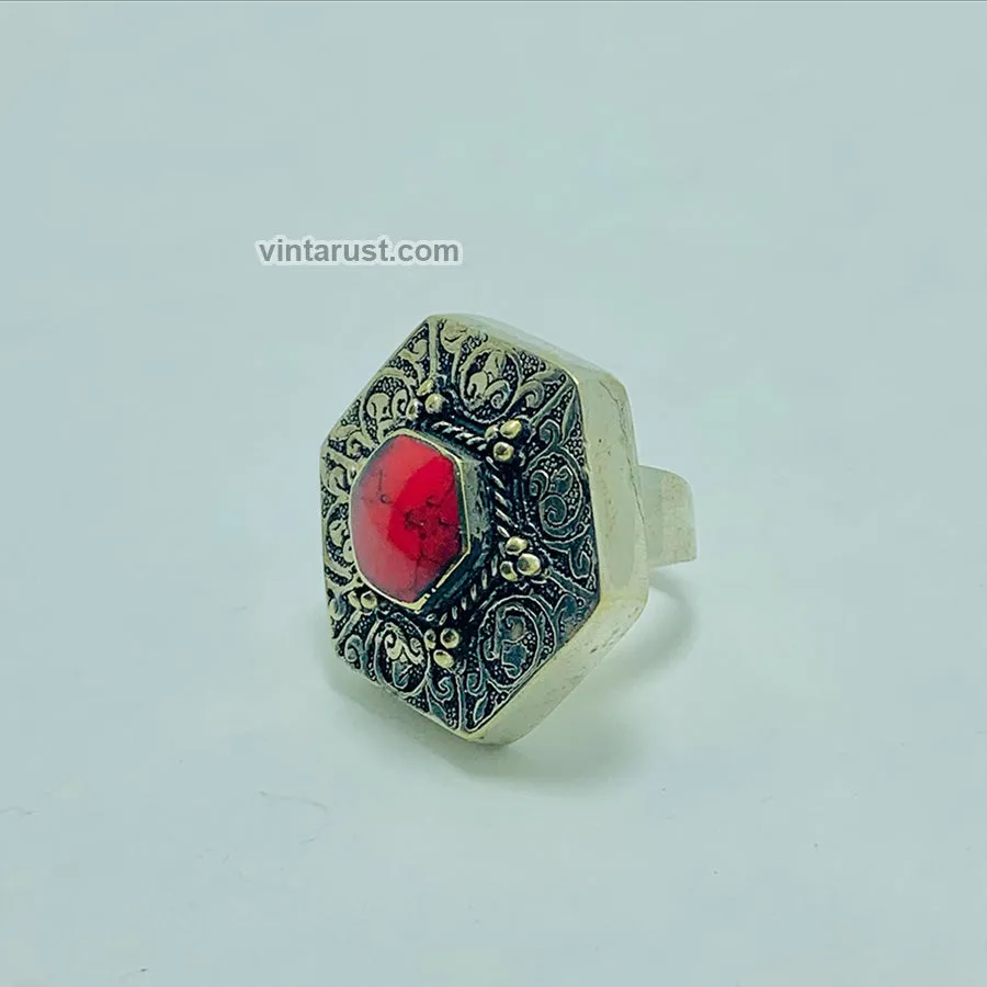Massive Turkmen Tribal Coral Stone Ring