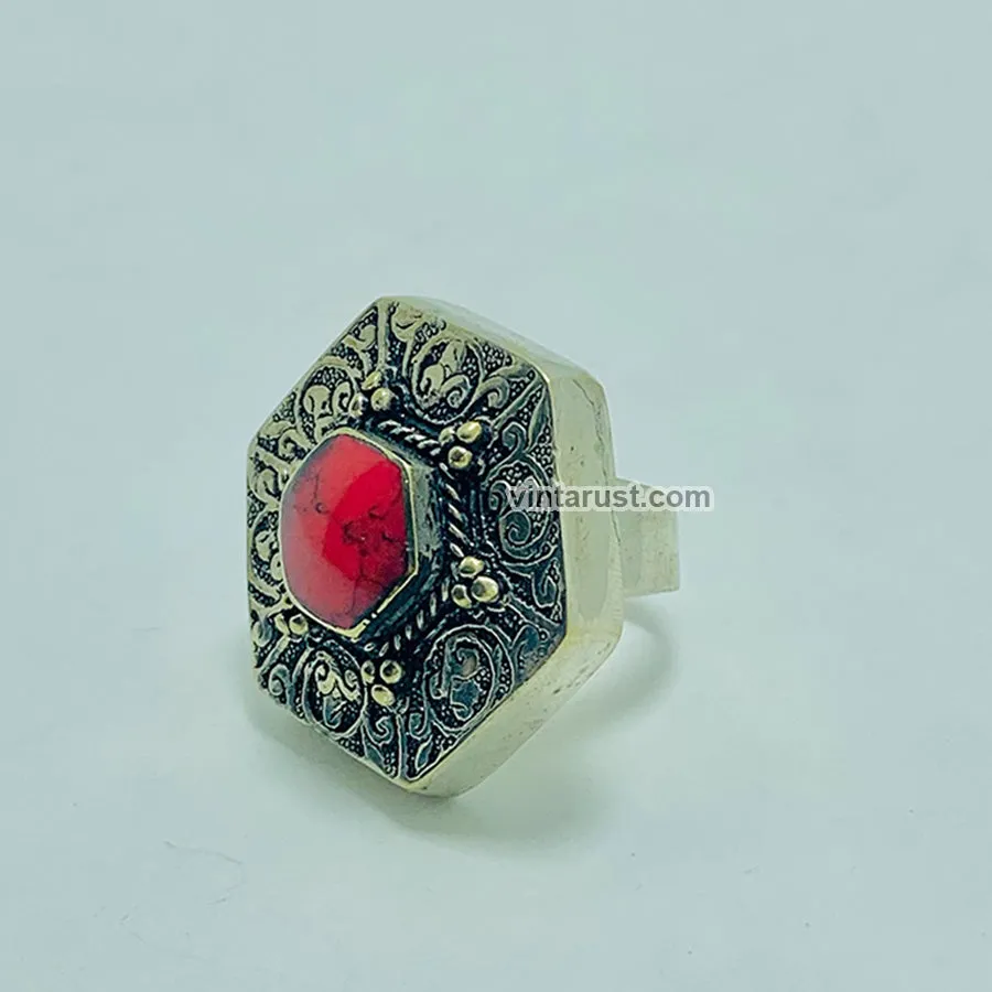 Massive Turkmen Tribal Coral Stone Ring