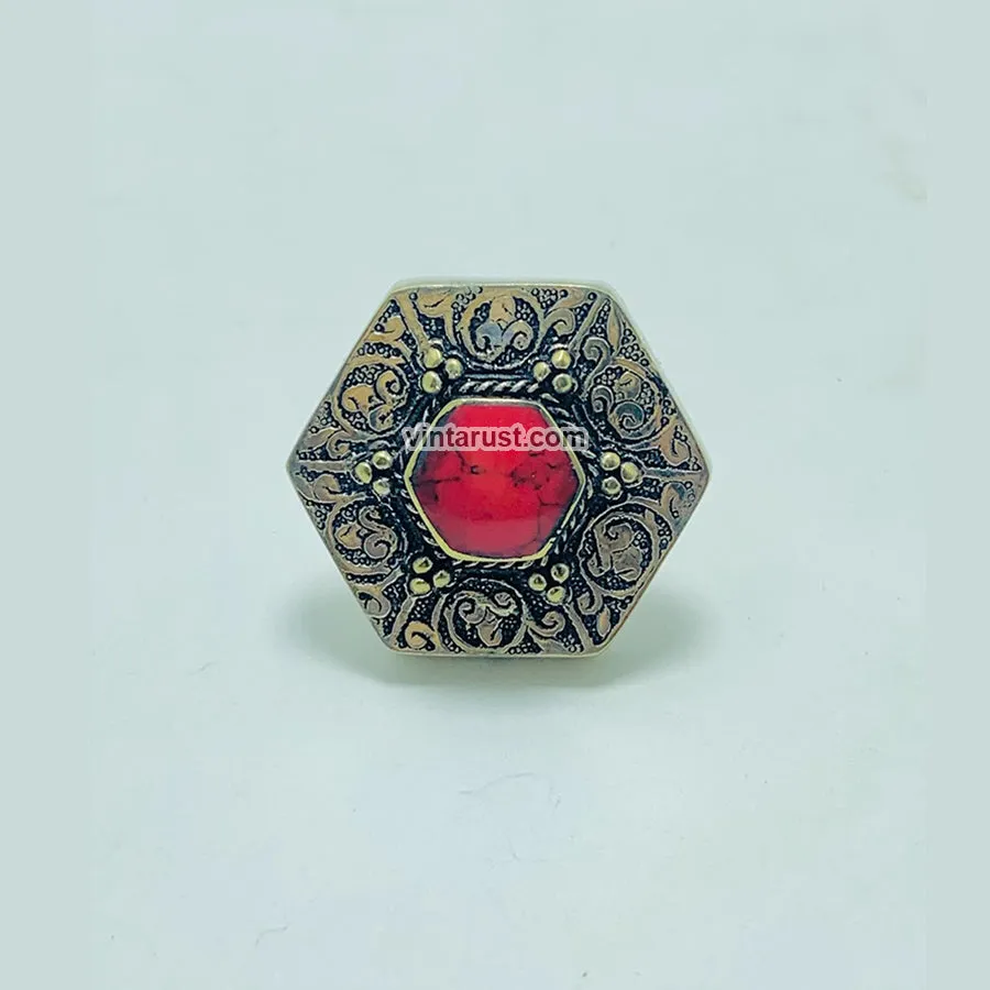 Massive Turkmen Tribal Coral Stone Ring