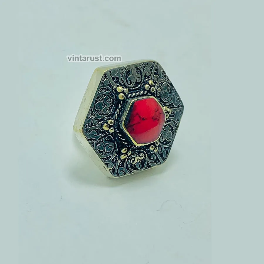 Massive Turkmen Tribal Coral Stone Ring