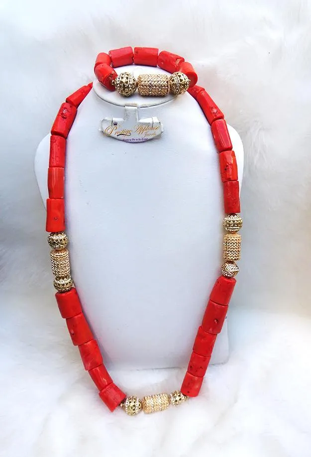 Men Traditional Groom Rough Coral Beads Necklace Bracelet Jewellery
