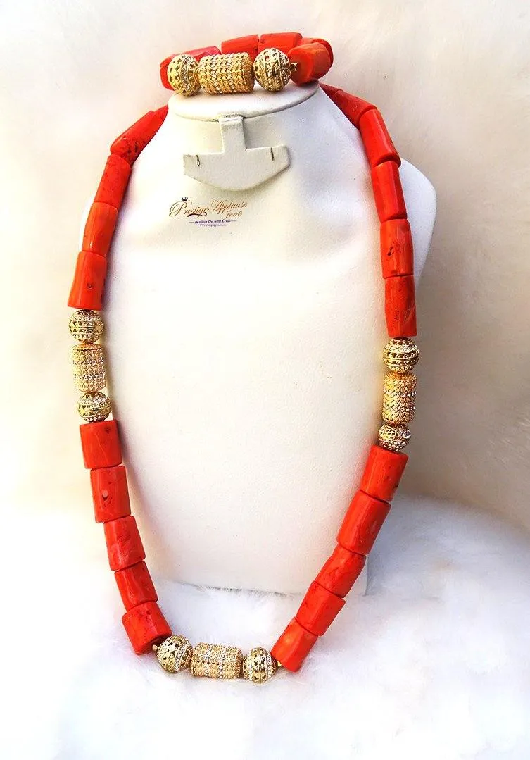 Men Traditional Groom Rough Coral Beads Necklace Bracelet Jewellery