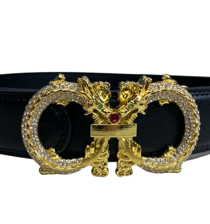 Men's Fashion Design Black Belt Genuine Leather Gold Diamonds Stone Buckle