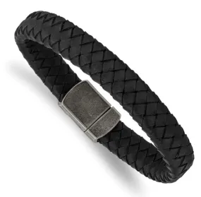 Men's Stainless Steel Antiqued Black Braided Leather Bracelet (SI3602)