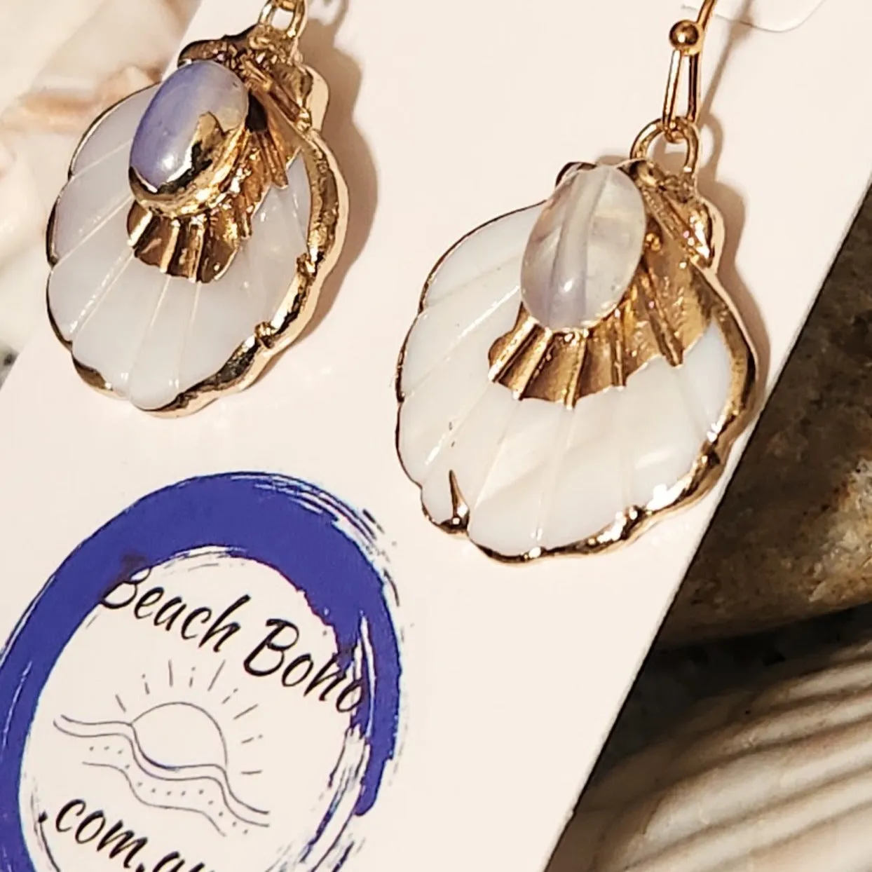 MOON WAVES - CARVED SHELL ELECTROPLATED HOOK EARRINGS
