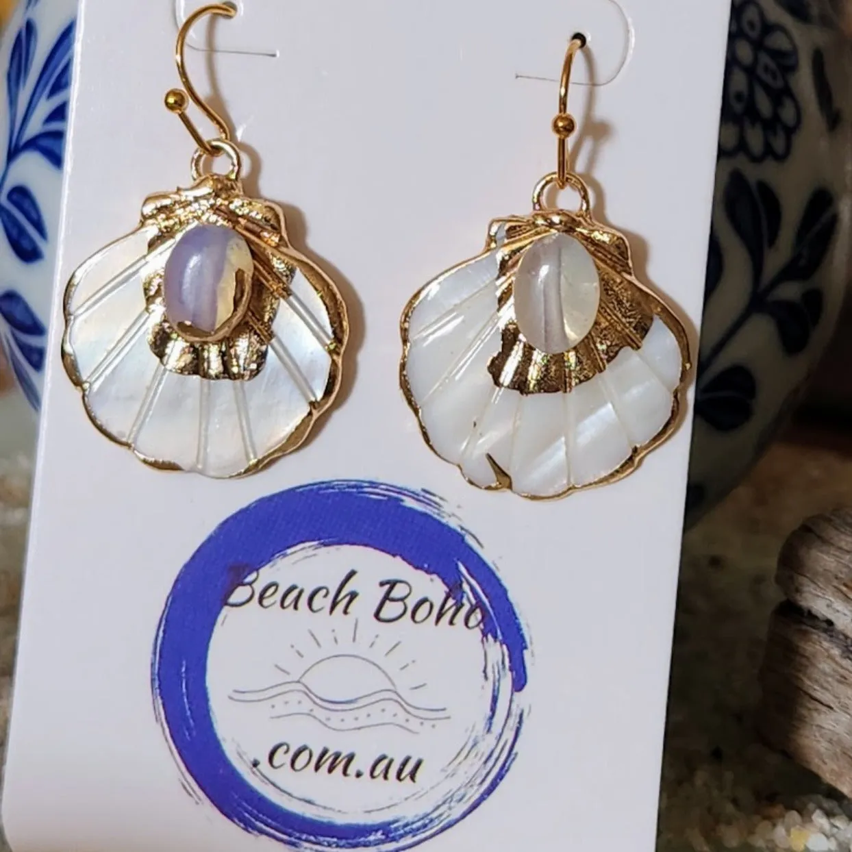 MOON WAVES - CARVED SHELL ELECTROPLATED HOOK EARRINGS