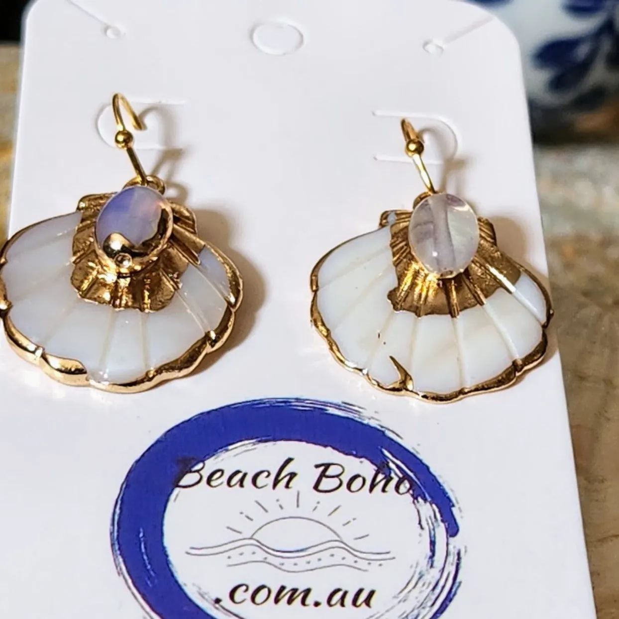 MOON WAVES - CARVED SHELL ELECTROPLATED HOOK EARRINGS