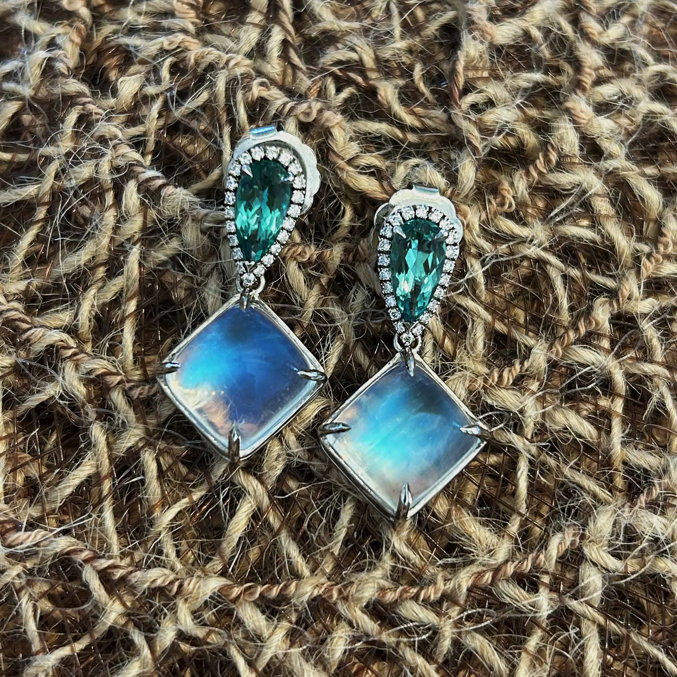 Moonstone & Tourmaline White Gold Earrings