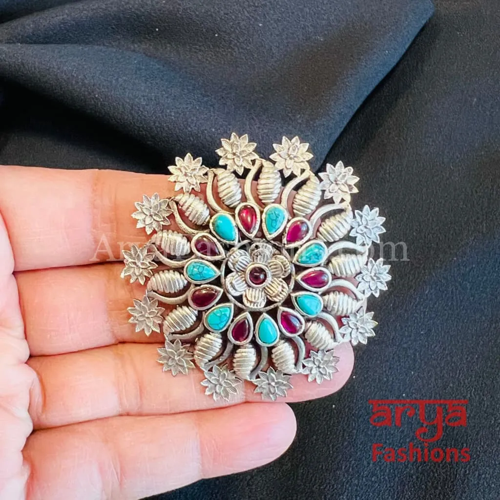 Multicolor Star Silver Oxidized Statement Ring