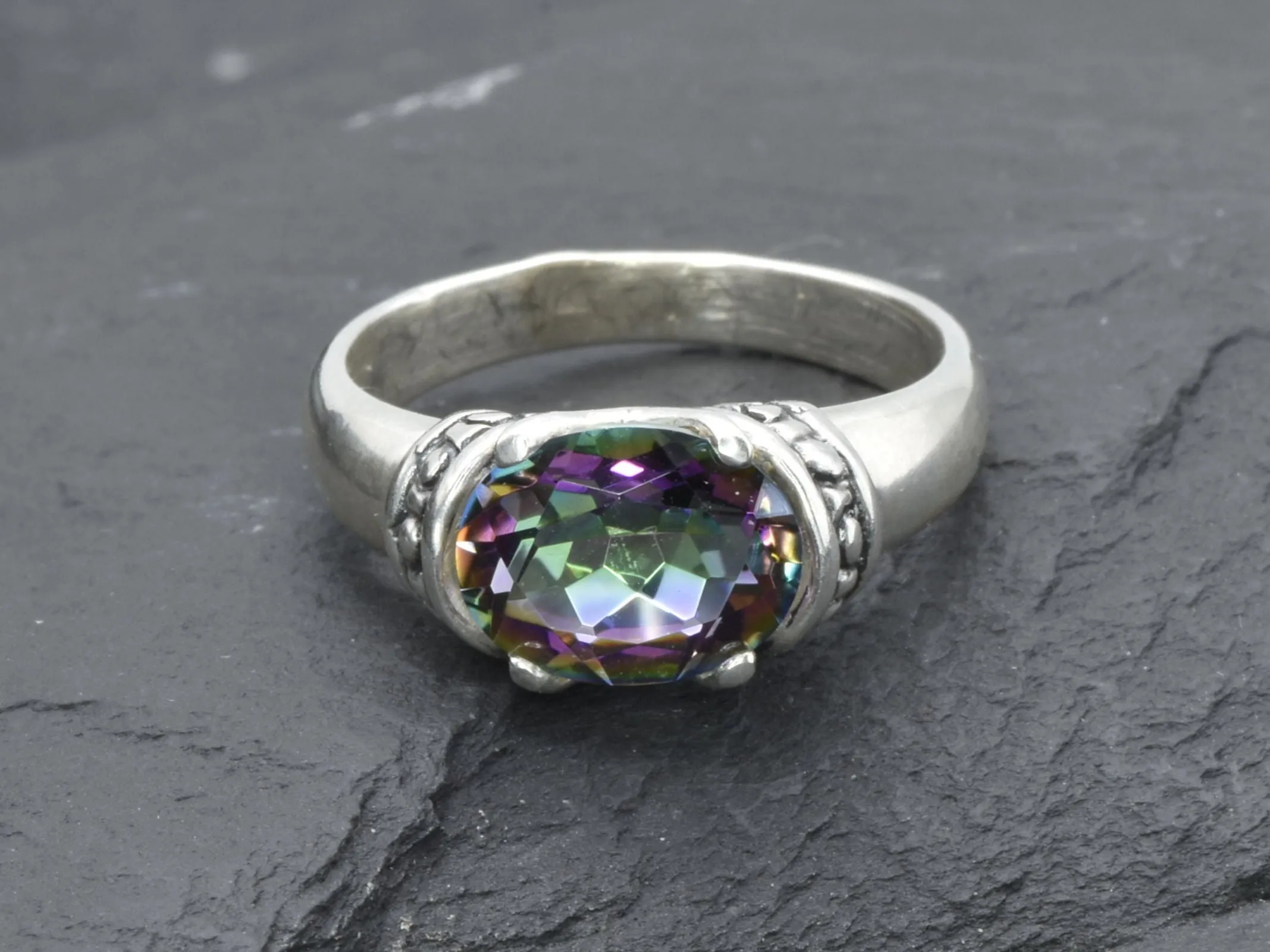 Mystic Topaz Ring - Purple Boho Band, Silver Tribal Ring