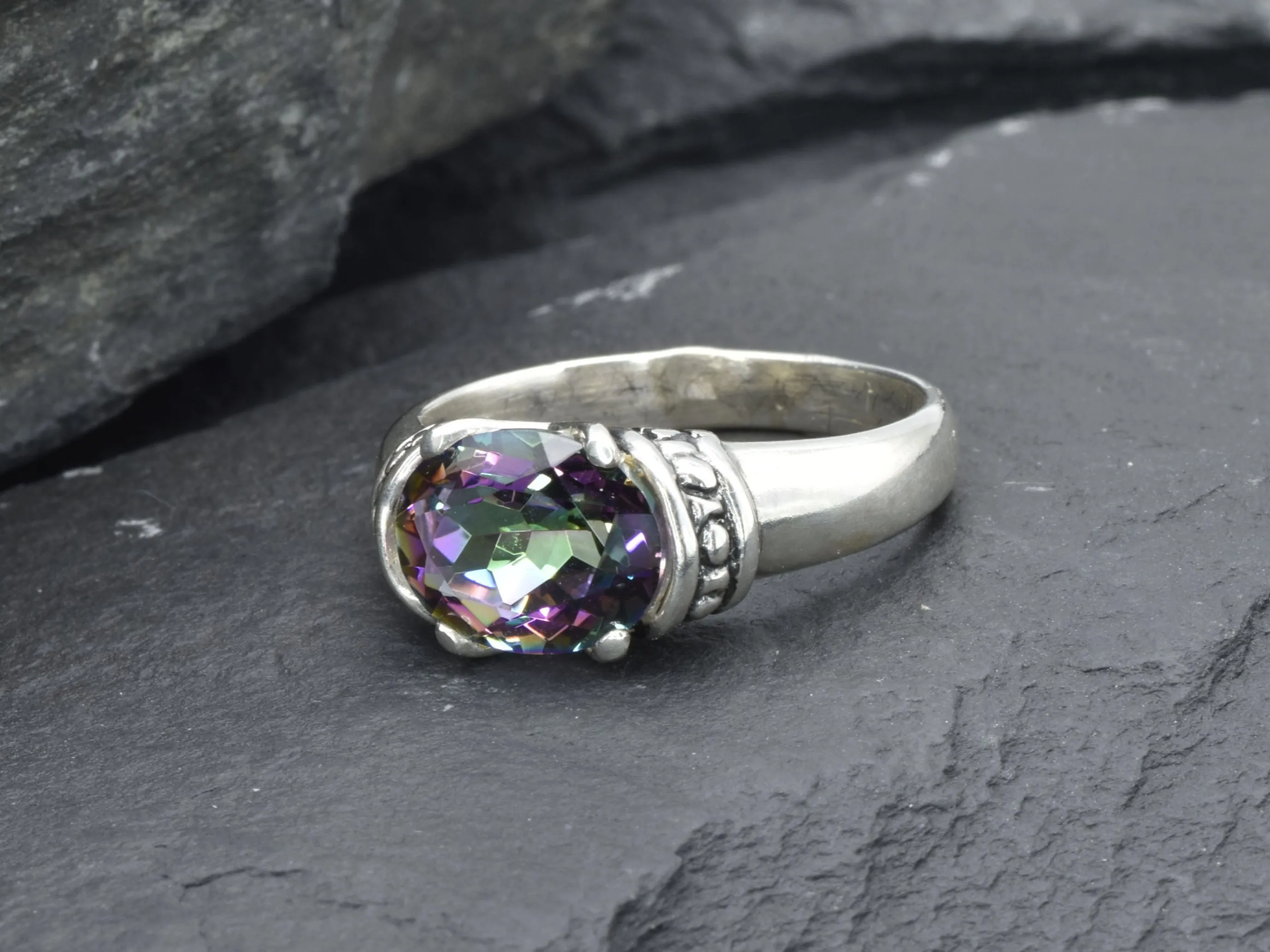 Mystic Topaz Ring - Purple Boho Band, Silver Tribal Ring