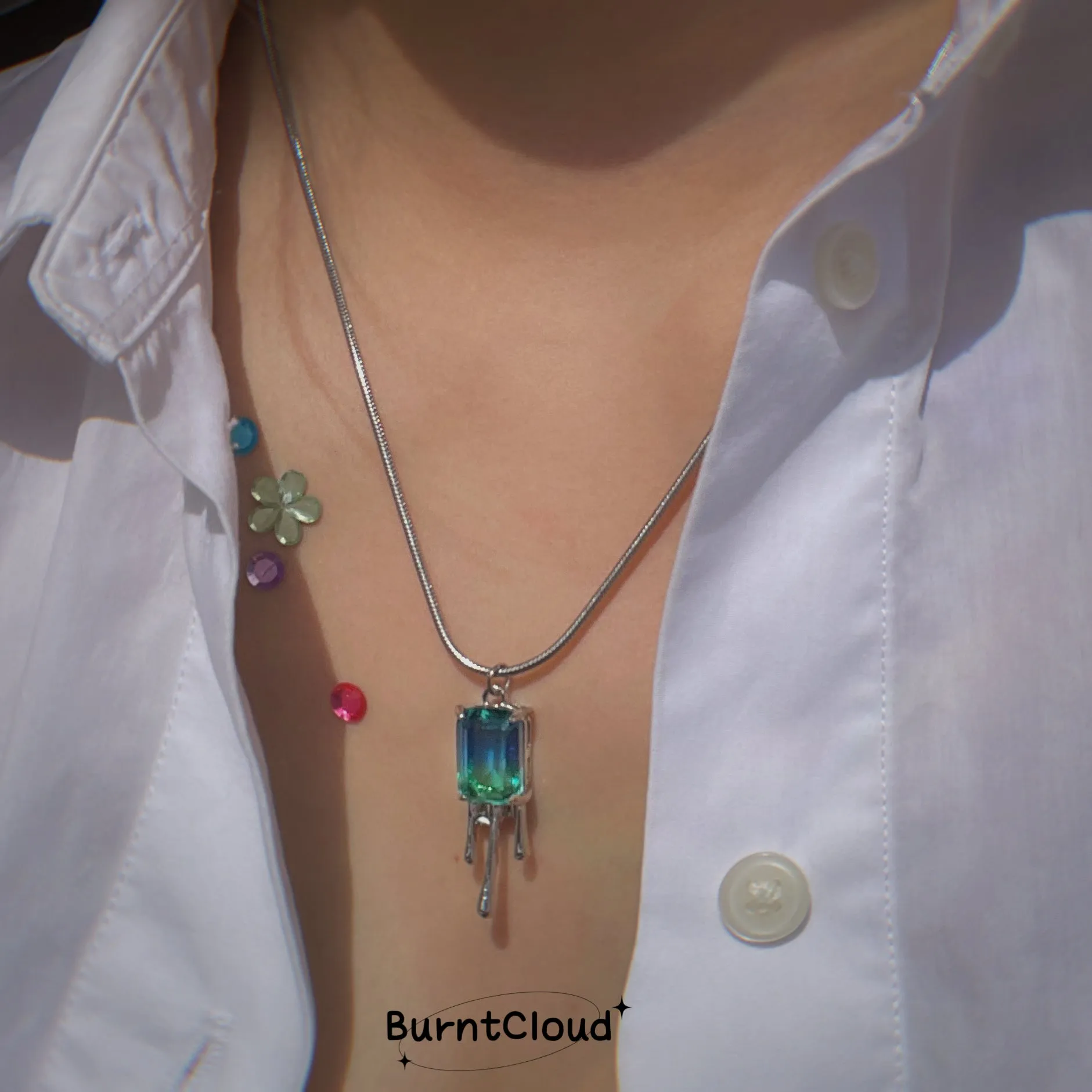 N29 Green Square-Cut Gemstone Necklace