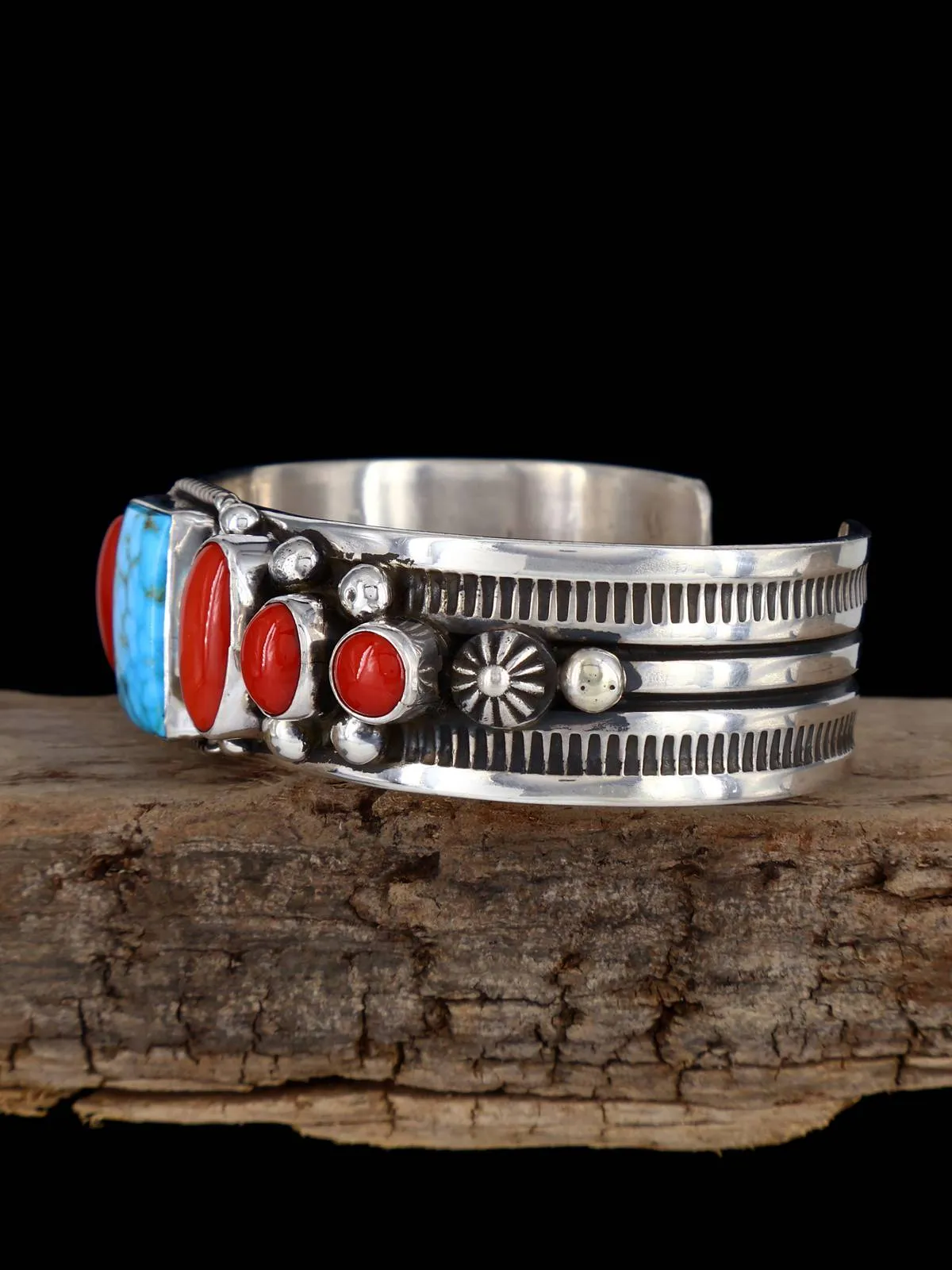 Native American Jewelry Kingman Turquoise and Natural Mediterranean Coral Cuff Bracelet